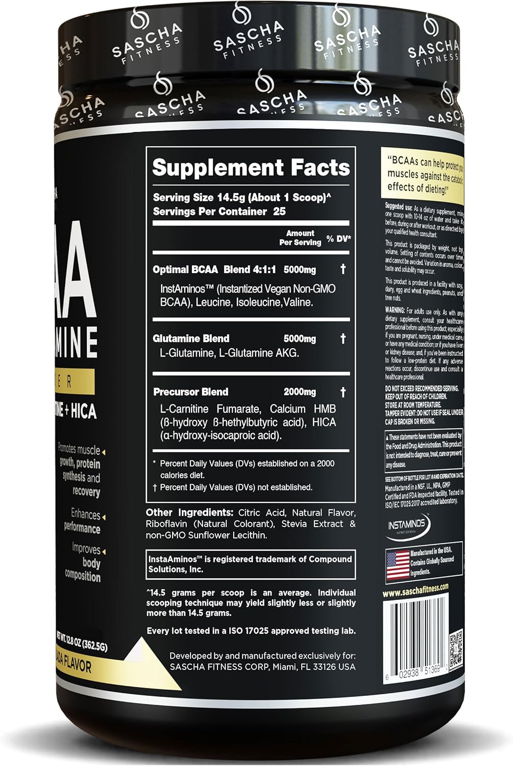 SASCHA FITNESS BCAA Powder Blend with Glutamine, HMB, L-Carnitine, HICA | Pre, Intra, Post-Workout | Natural Piña Colada, 362.5g