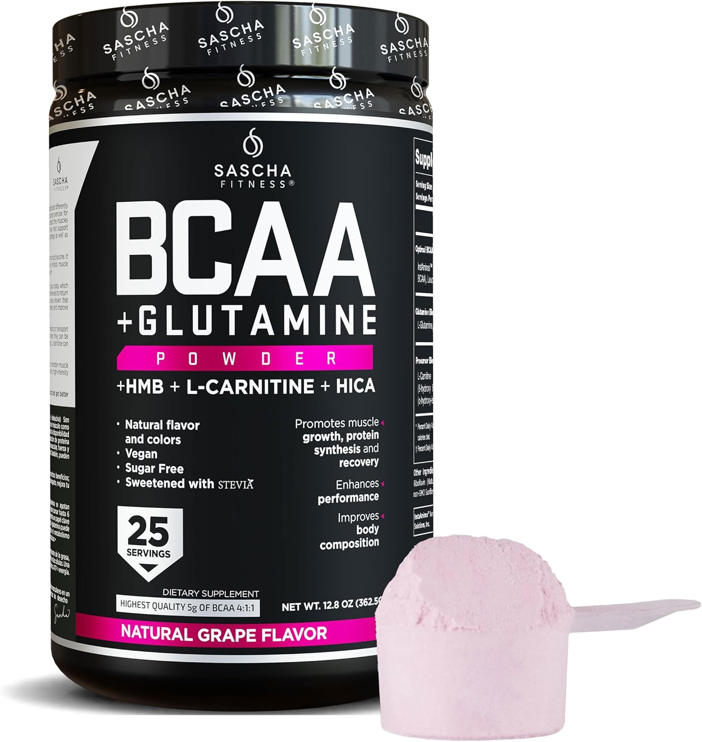 SASCHA FITNESS BCAA Powder Blend with Glutamine, HMB, L-Carnitine, HICA - Grape Flavor - 362.5g