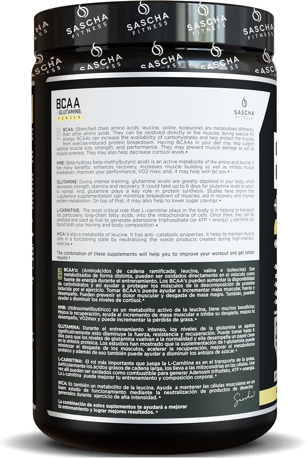 SASCHA FITNESS BCAA Powder Blend with Glutamine, HMB, L-Carnitine, HICA | Pre, Intra, Post-Workout | Natural Piña Colada, 362.5g