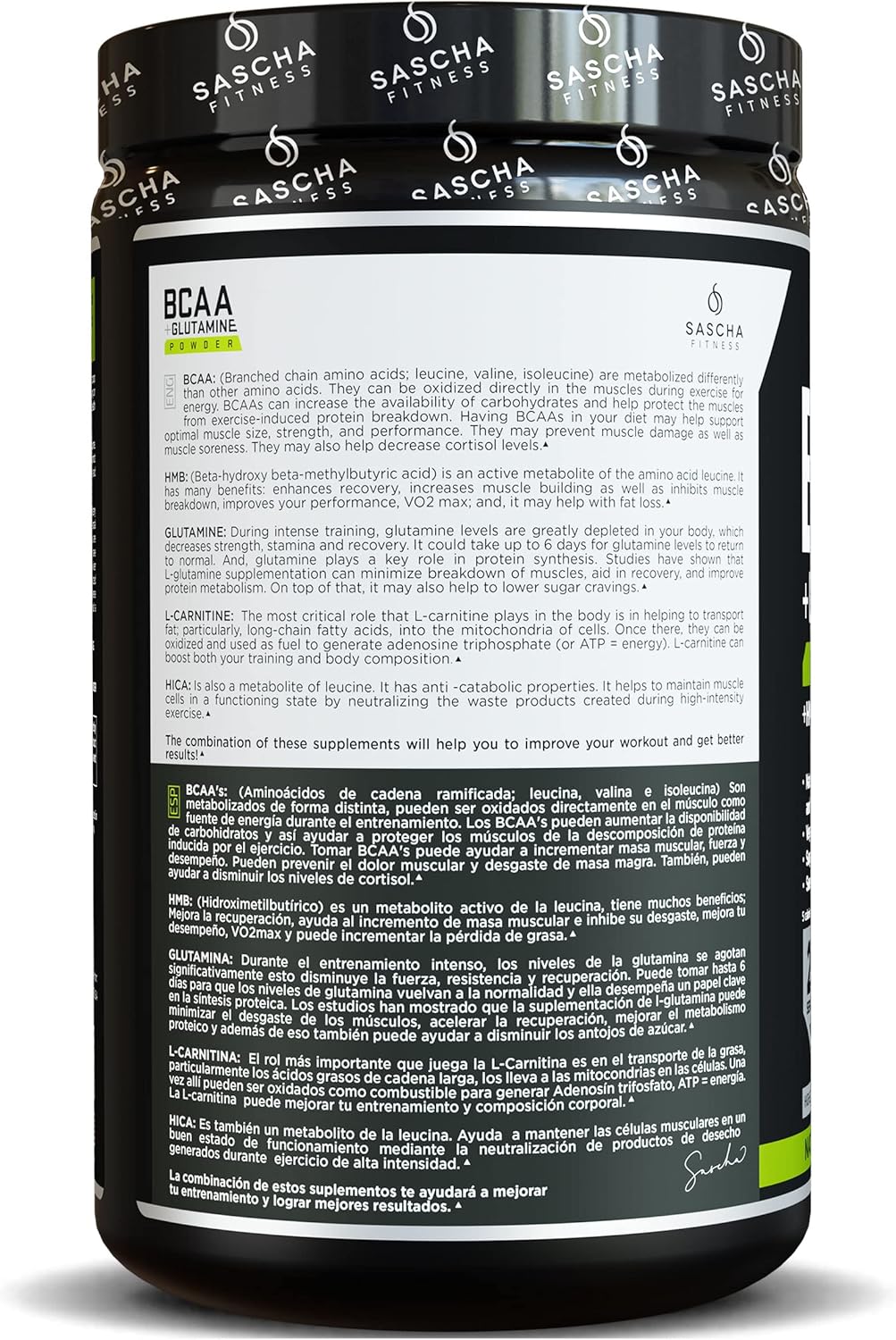 SASCHA FITNESS BCAA Powder Blend with Glutamine, HMB, L-Carnitine, HICA - Natural Lemon Lime Flavor, 362.5g