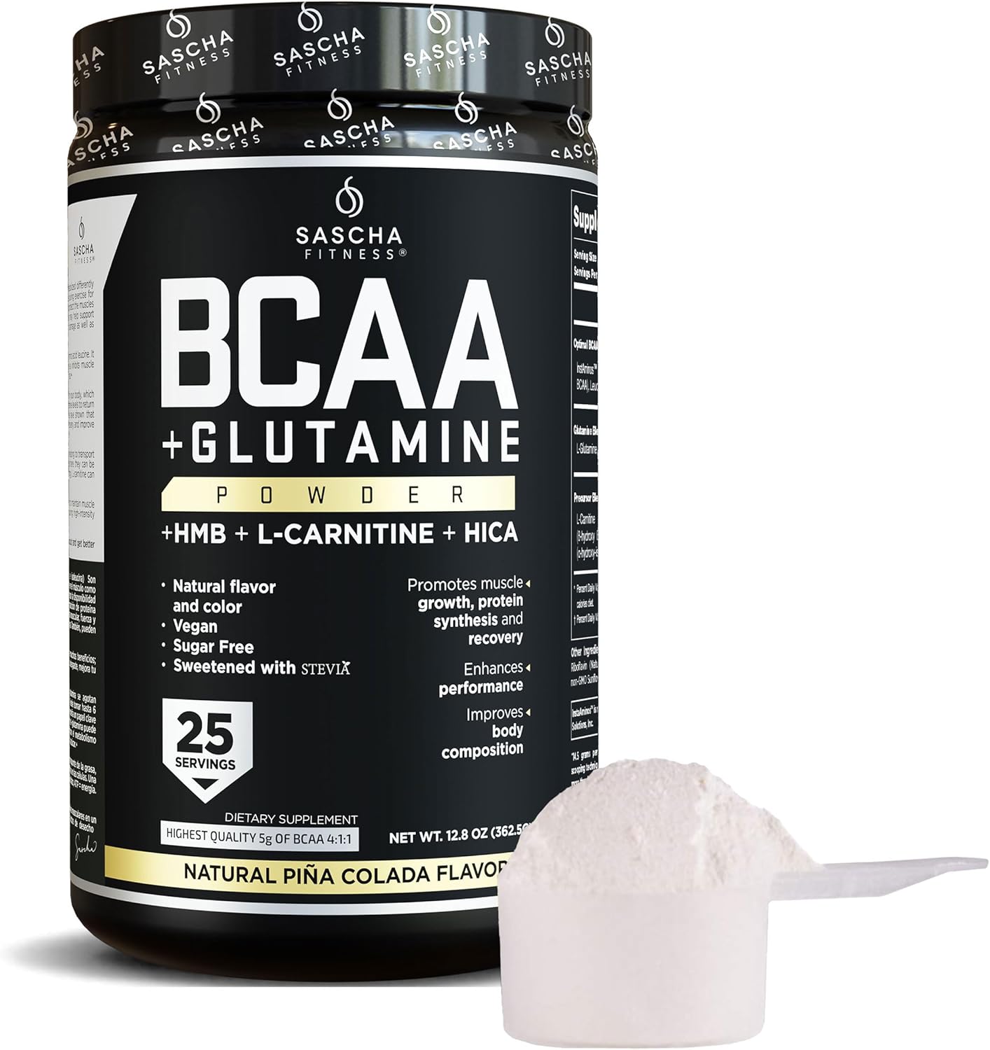 SASCHA FITNESS BCAA Powder Blend with Glutamine, HMB, L-Carnitine, HICA | Pre, Intra, Post-Workout | Natural Piña Colada, 362.5g