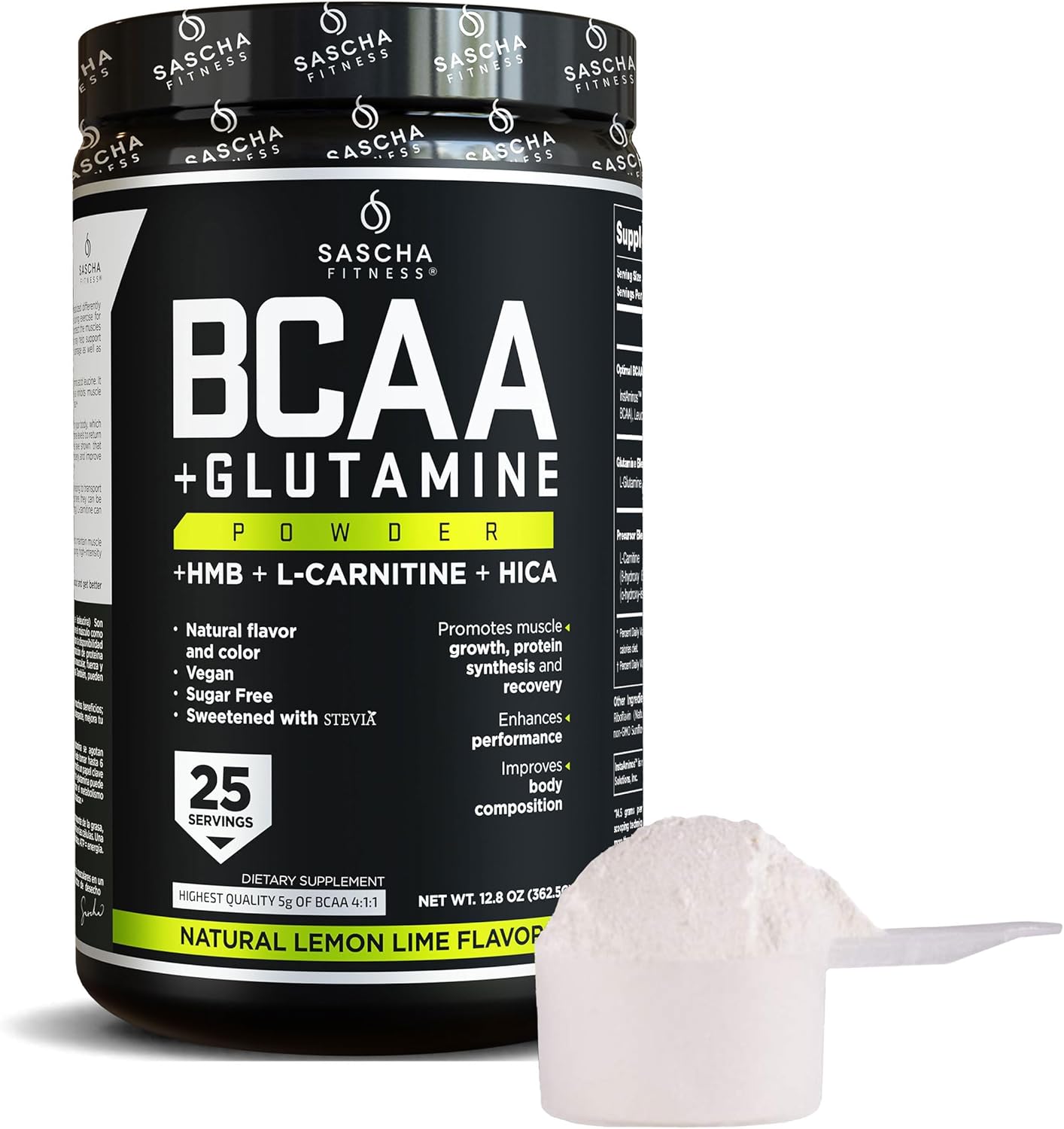 SASCHA FITNESS BCAA Powder Blend with Glutamine, HMB, L-Carnitine, HICA - Natural Lemon Lime Flavor, 362.5g