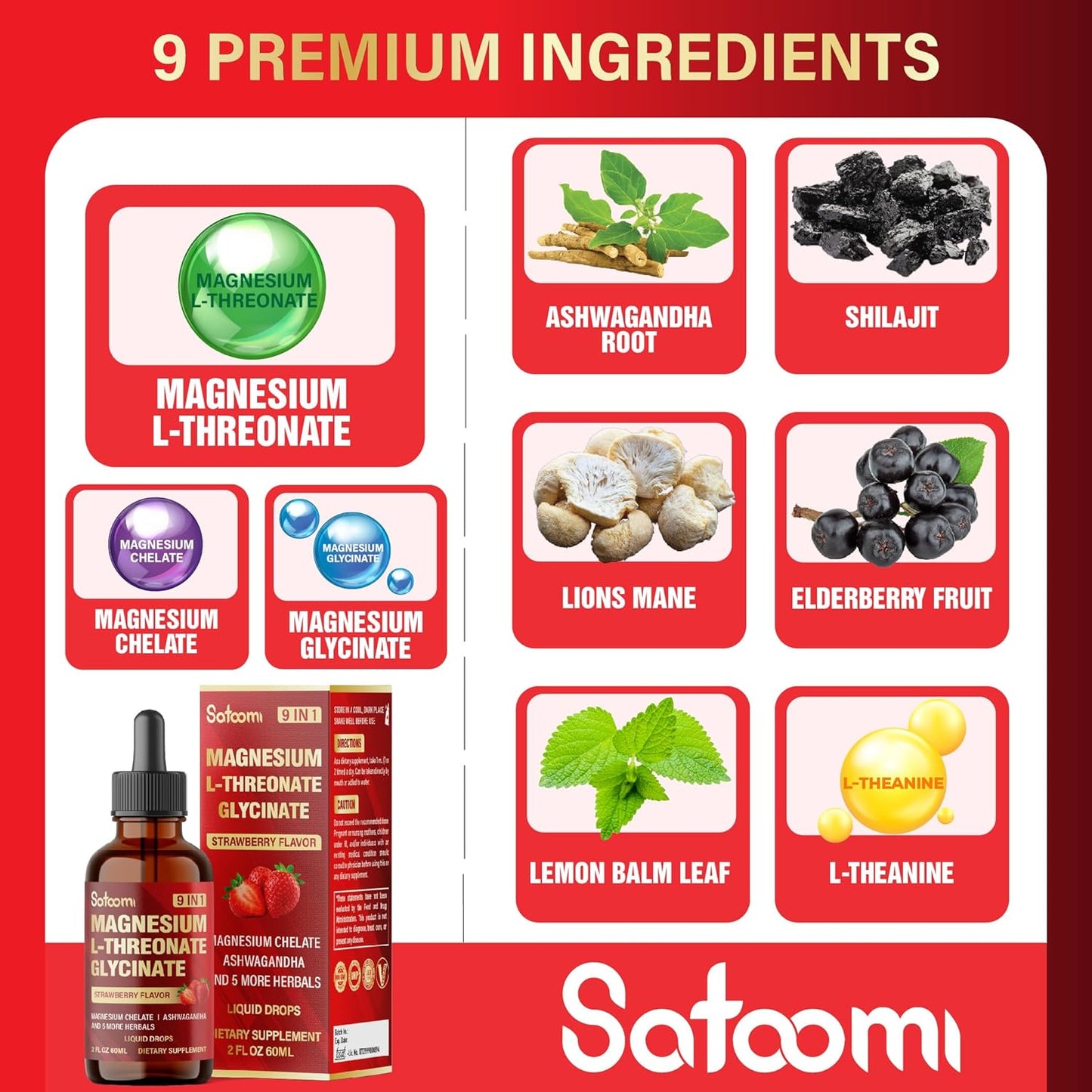 Satoomi 9-in-1 Magnesium L-Threonate Liquid Drops with Glycinate and Vitamin D3 - Strawberry Flavor for Mood & Immune Support - 60ml