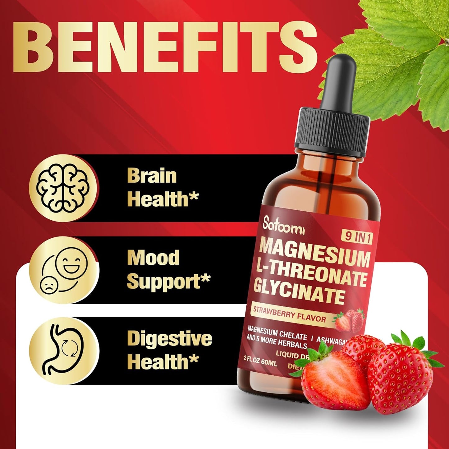 Satoomi 9-in-1 Magnesium L-Threonate Liquid Drops with Glycinate and Vitamin D3 - Strawberry Flavor for Mood & Immune Support - 60ml