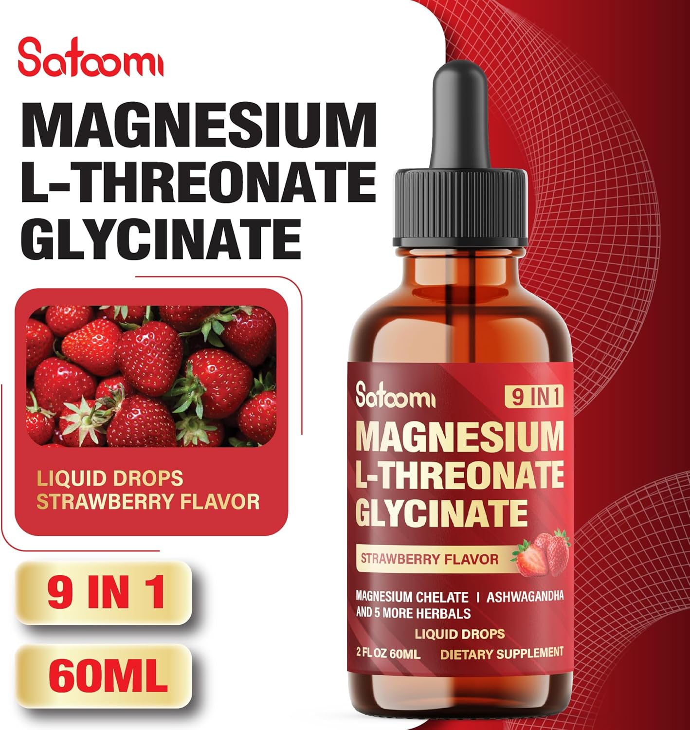 Satoomi 9-in-1 Magnesium L-Threonate Liquid Drops with Glycinate and Vitamin D3 - Strawberry Flavor for Mood & Immune Support - 60ml