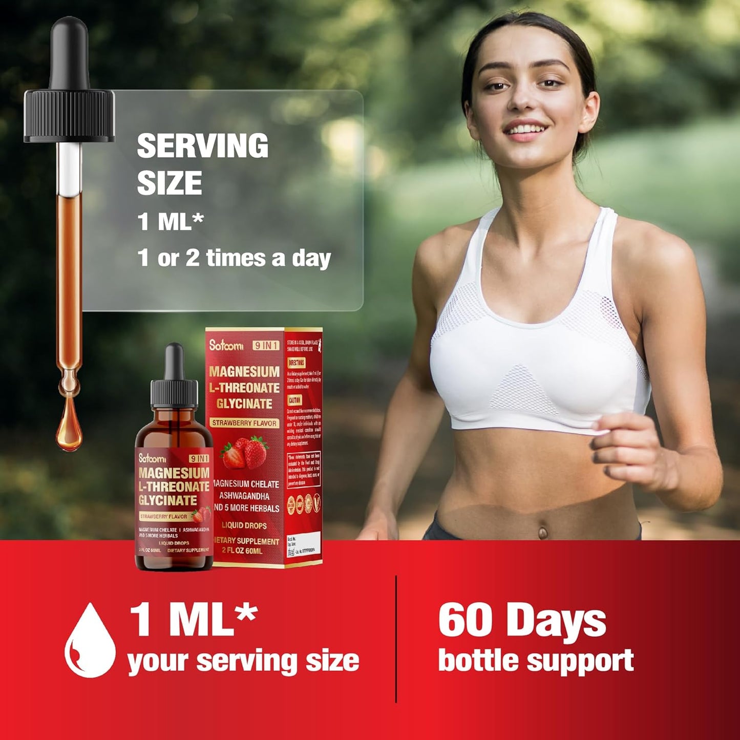 Satoomi 9-in-1 Magnesium L-Threonate Liquid Drops with Glycinate and Vitamin D3 - Strawberry Flavor for Mood & Immune Support - 60ml