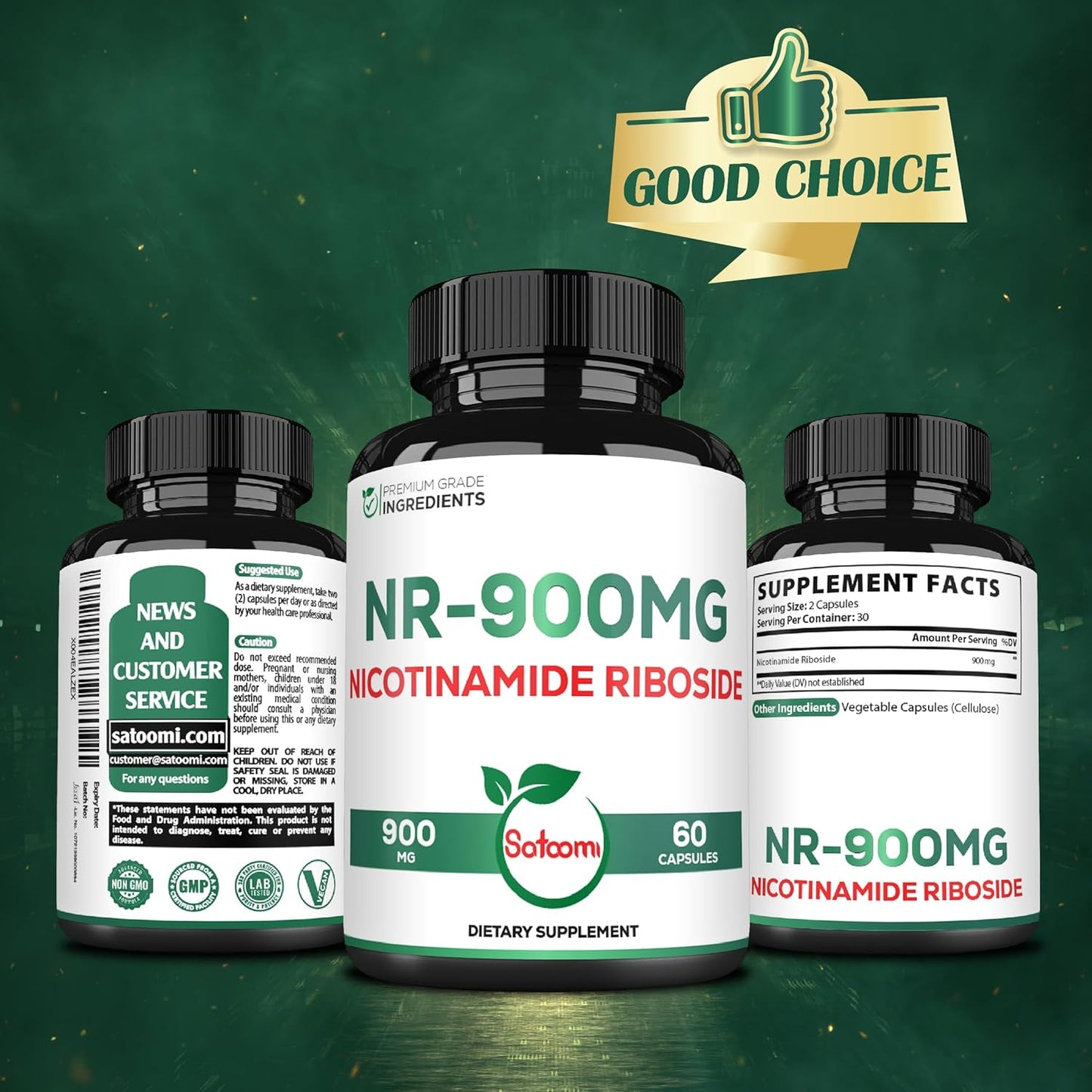 Satoomi NAD+ Supplement: 900mg NR for Cellular Energy, Repair, Vitality, & Healthy Aging - 60 Capsules