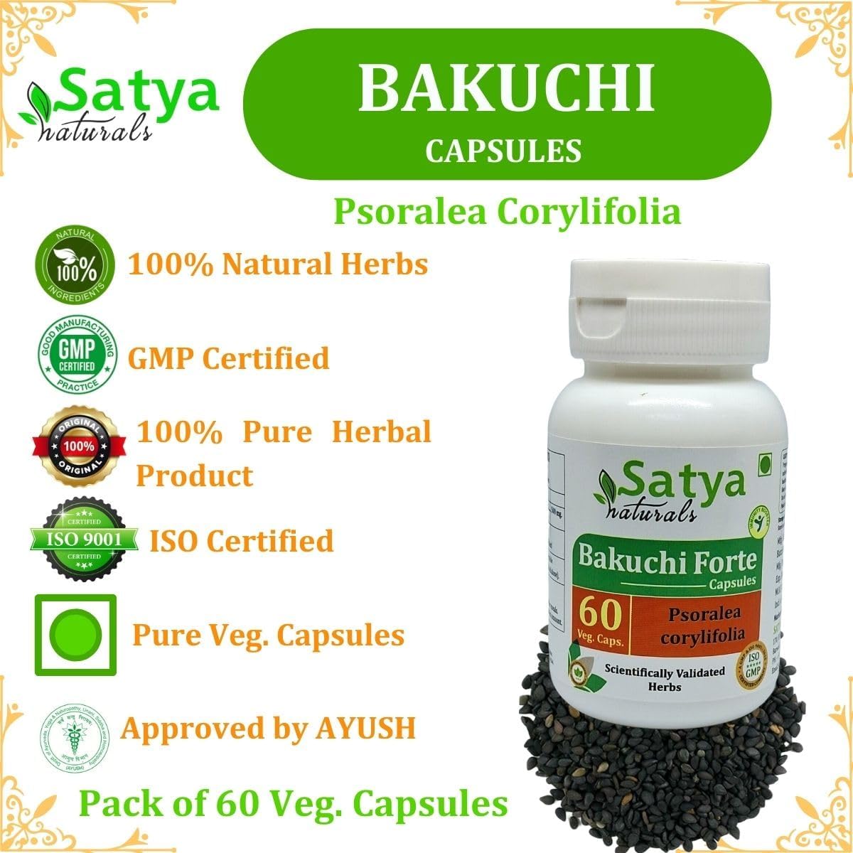 Satya Naturals Bakuchi Forte Capsules 500 mg - Ayurvedic Herbal Supplement for Men and Women - 60 Veg Capsules - Psoralea Corylifolia Extract - 10:1 Forte Concentration