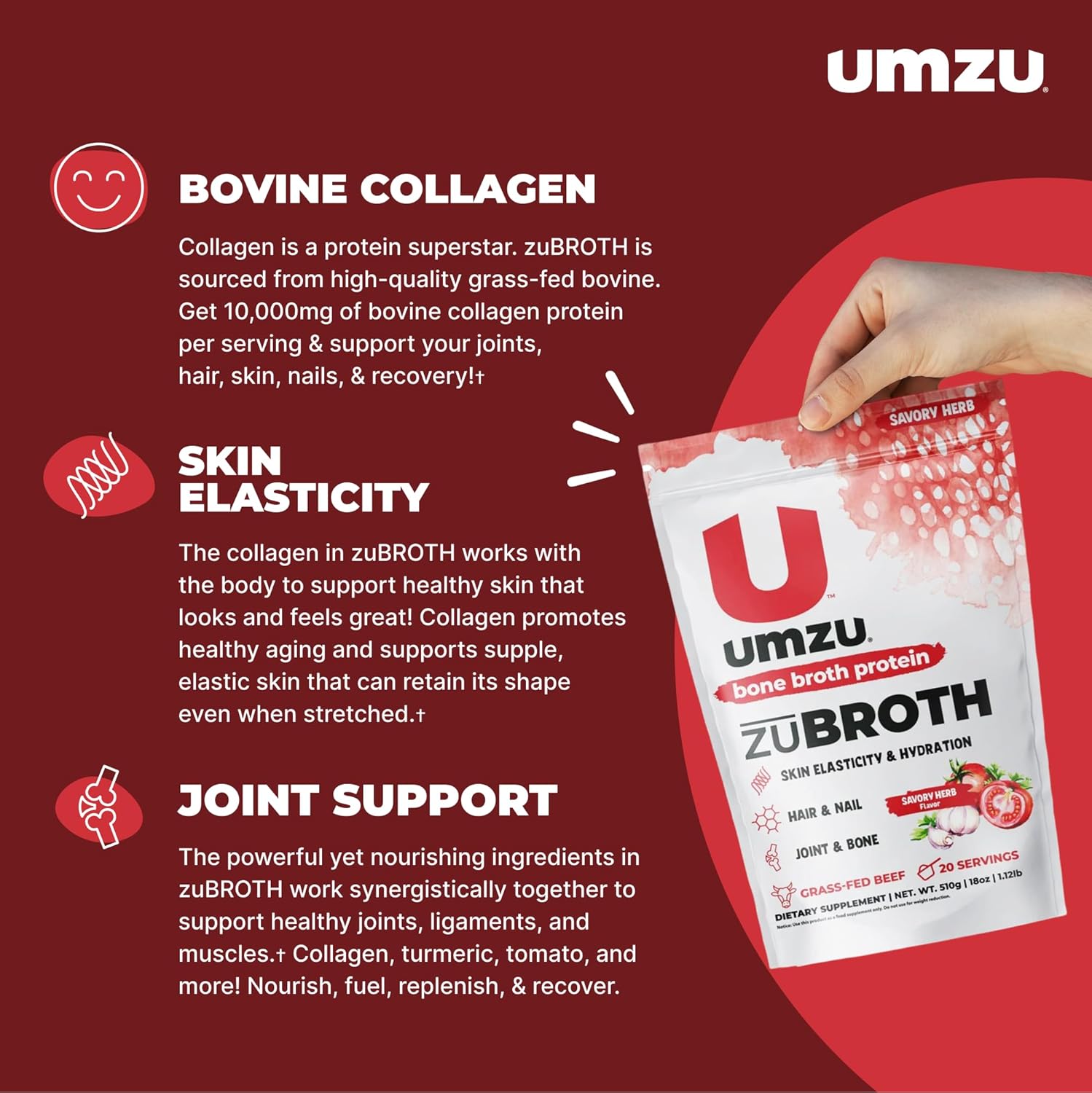 Savory Herb Bone Broth Protein Powder with Grass Fed Bovine for Healthy Joints, Hair, Skin & Nails | Turmeric & Tomato Infused for Recovery | 20 Servings