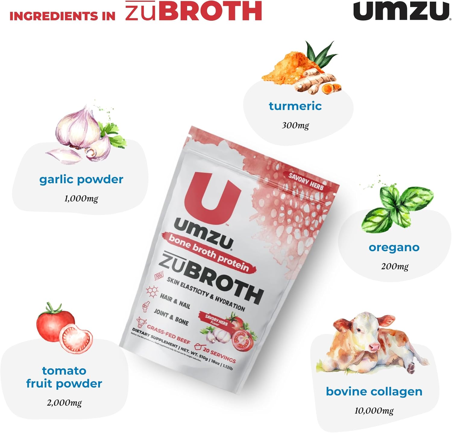 Savory Herb Bone Broth Protein Powder with Grass Fed Bovine for Healthy Joints, Hair, Skin & Nails | Turmeric & Tomato Infused for Recovery | 20 Servings