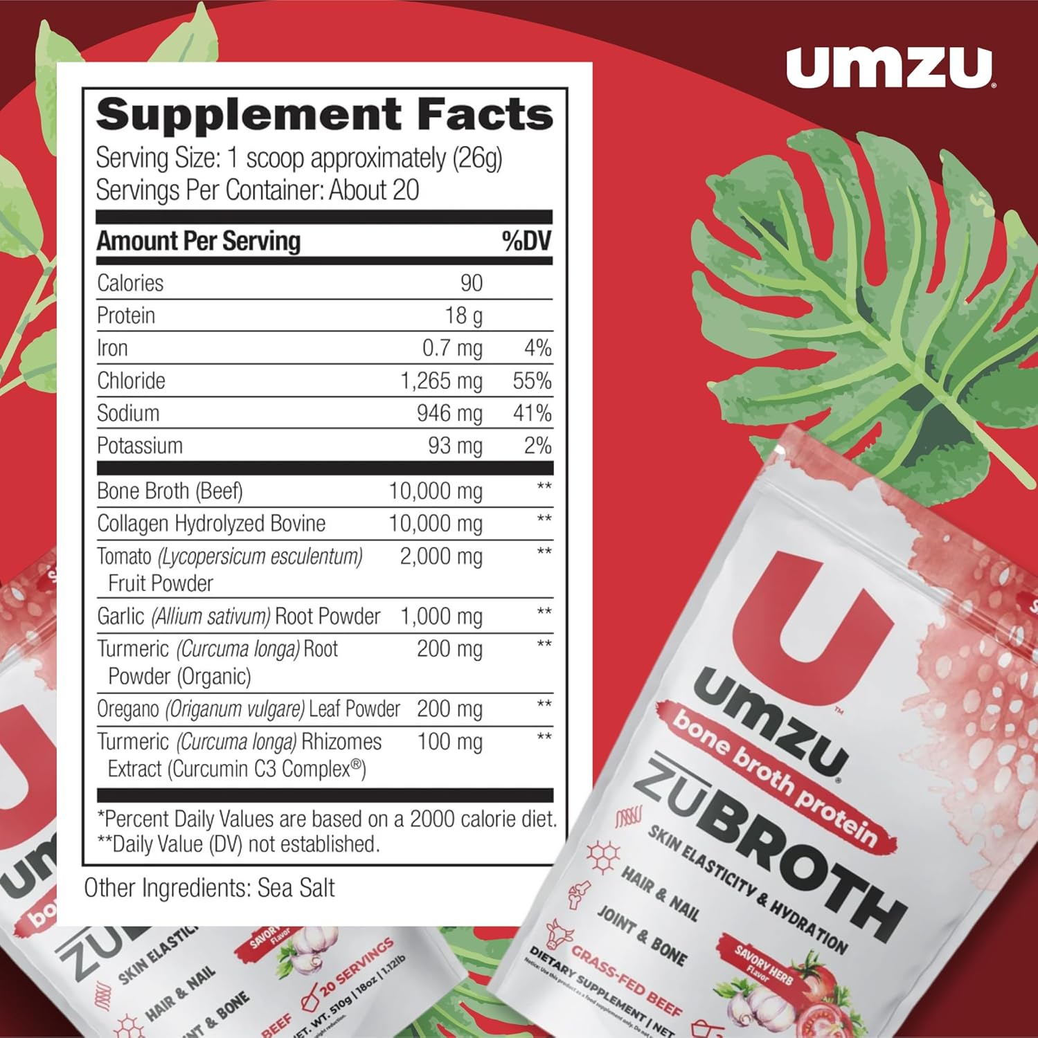 Savory Herb Bone Broth Protein Powder with Grass Fed Bovine for Healthy Joints, Hair, Skin & Nails | Turmeric & Tomato Infused for Recovery | 20 Servings