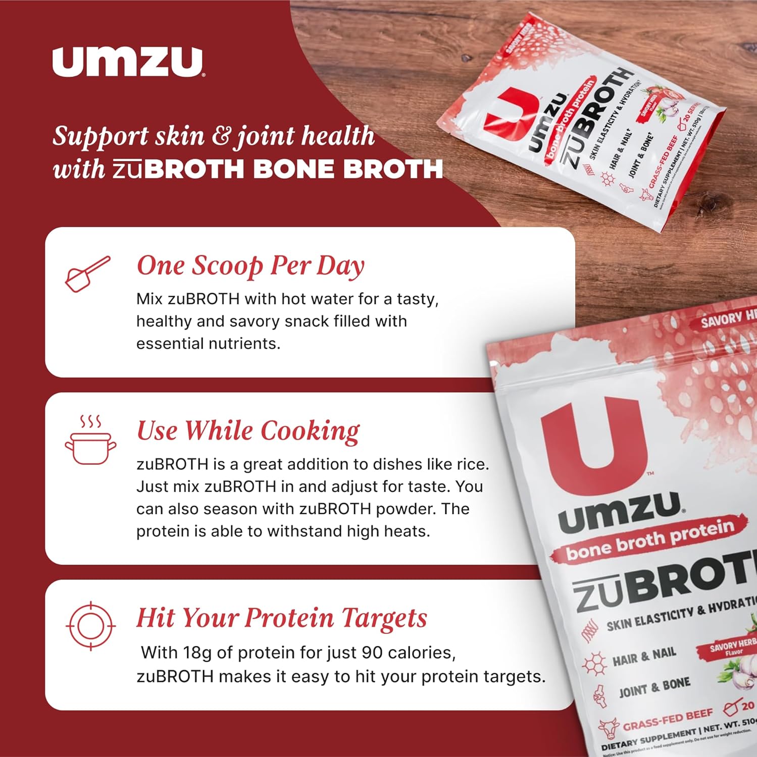 Savory Herb Bone Broth Protein Powder with Grass Fed Bovine for Healthy Joints, Hair, Skin & Nails | Turmeric & Tomato Infused for Recovery | 20 Servings