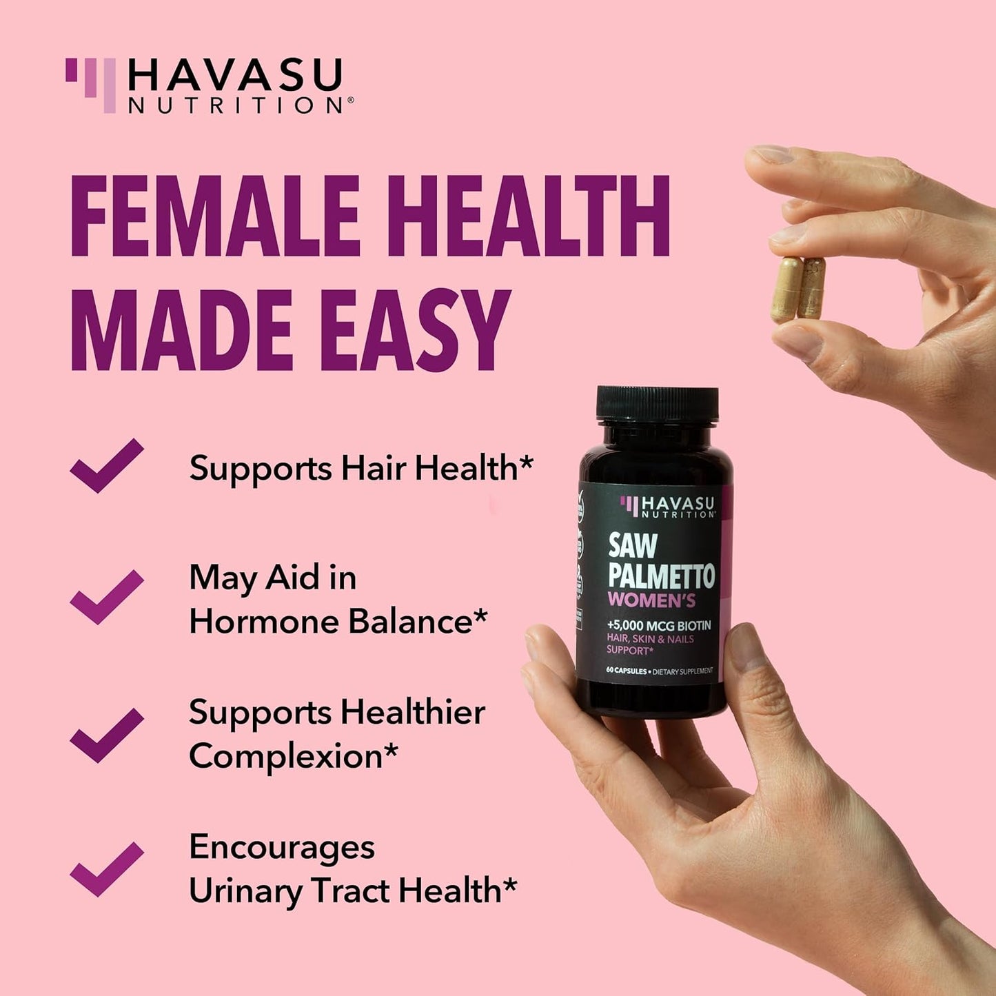 Saw Palmetto and Biotin Supplement for Women - DHT Blocker for Hair, Skin, and Nails - Vegan, Non-GMO - 60 Count - 1 Month Supply