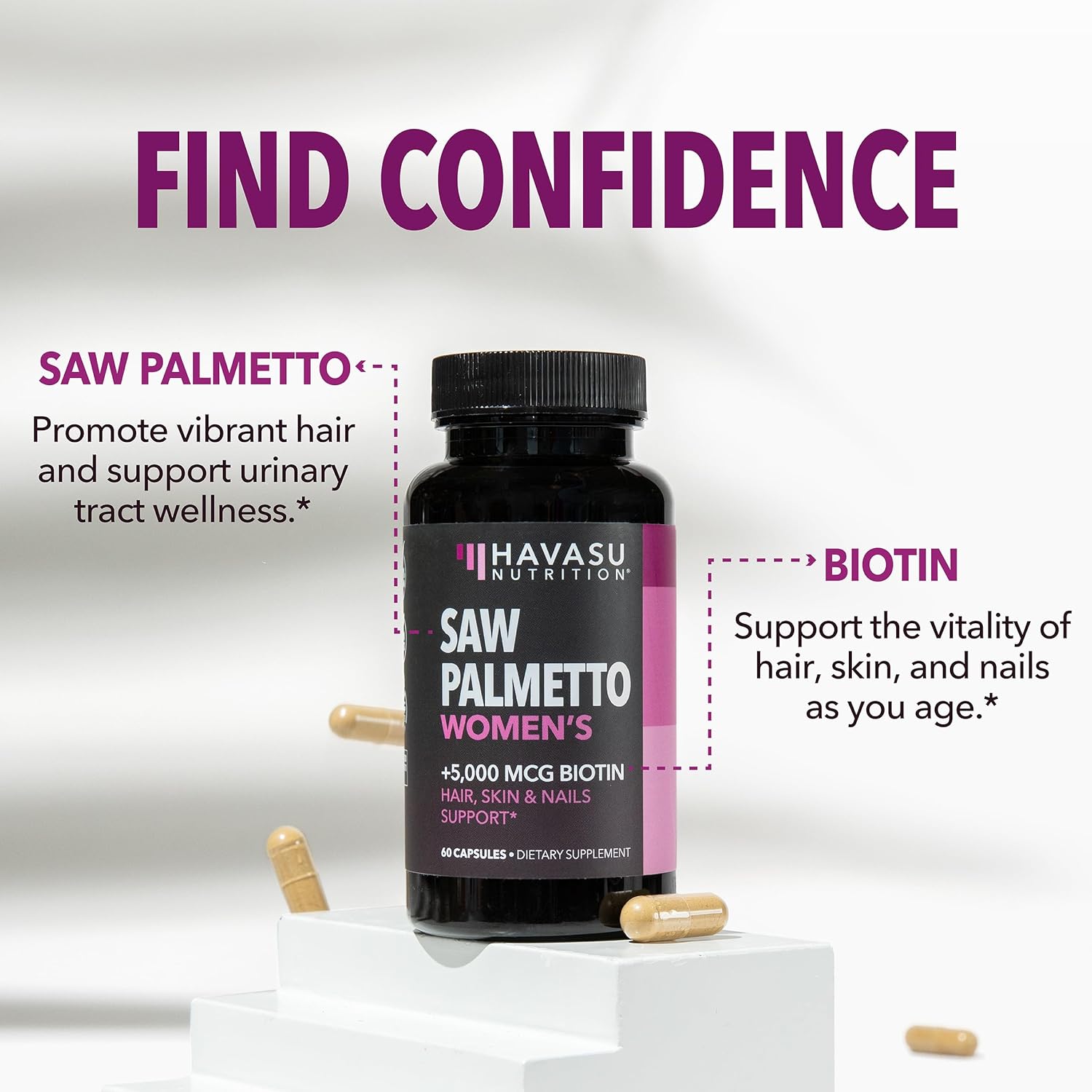 Saw Palmetto and Biotin Supplement for Women - DHT Blocker for Hair, Skin, and Nails - Vegan, Non-GMO - 60 Count - 1 Month Supply