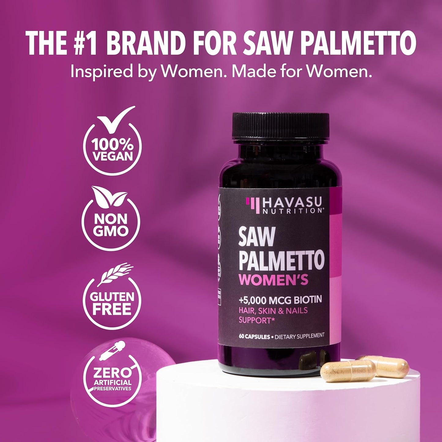 Saw Palmetto and Biotin Supplement for Women - DHT Blocker for Hair, Skin, and Nails - Vegan, Non-GMO - 60 Count - 1 Month Supply