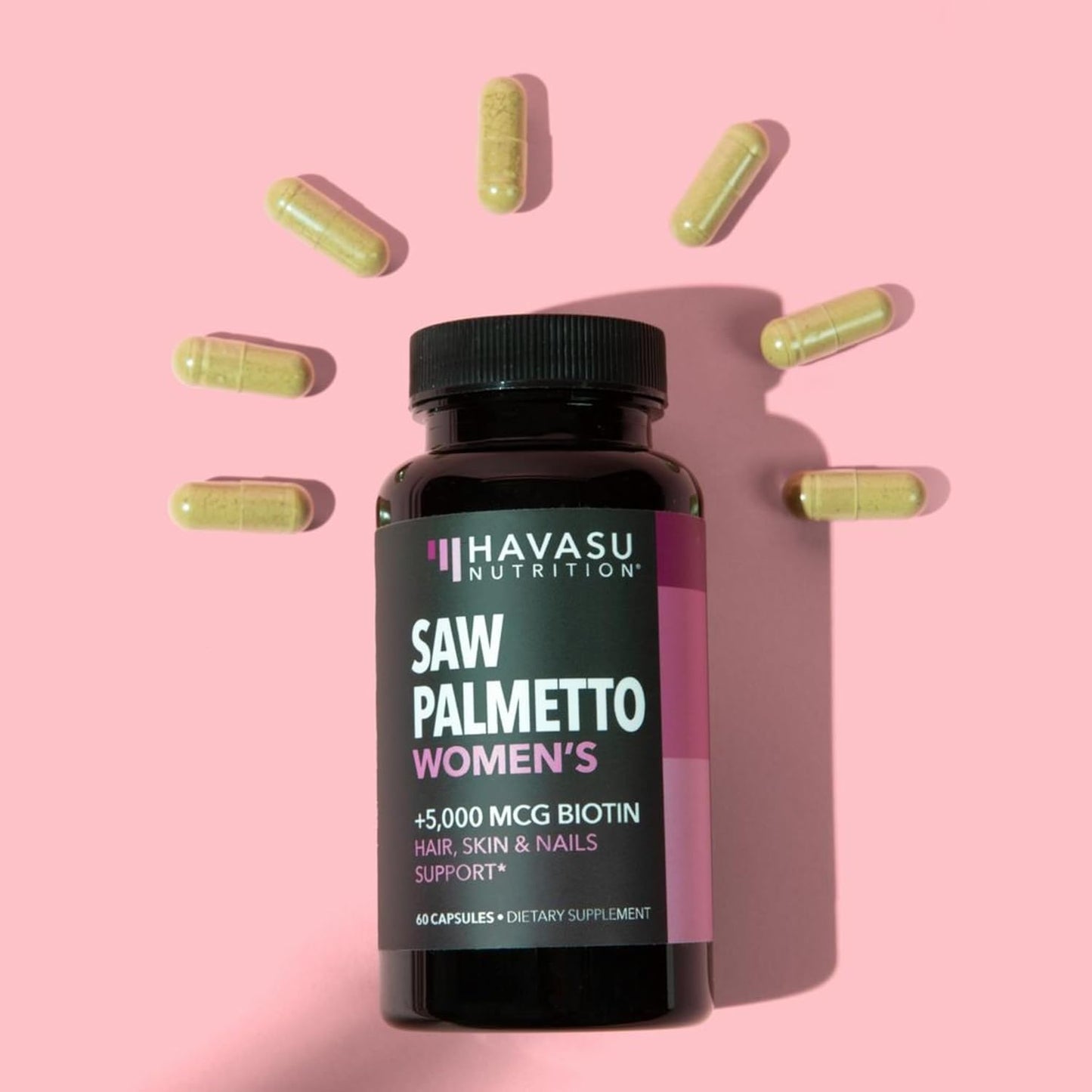 Saw Palmetto and Biotin Supplement for Women - DHT Blocker for Hair, Skin, and Nails - Vegan, Non-GMO - 60 Count - 1 Month Supply