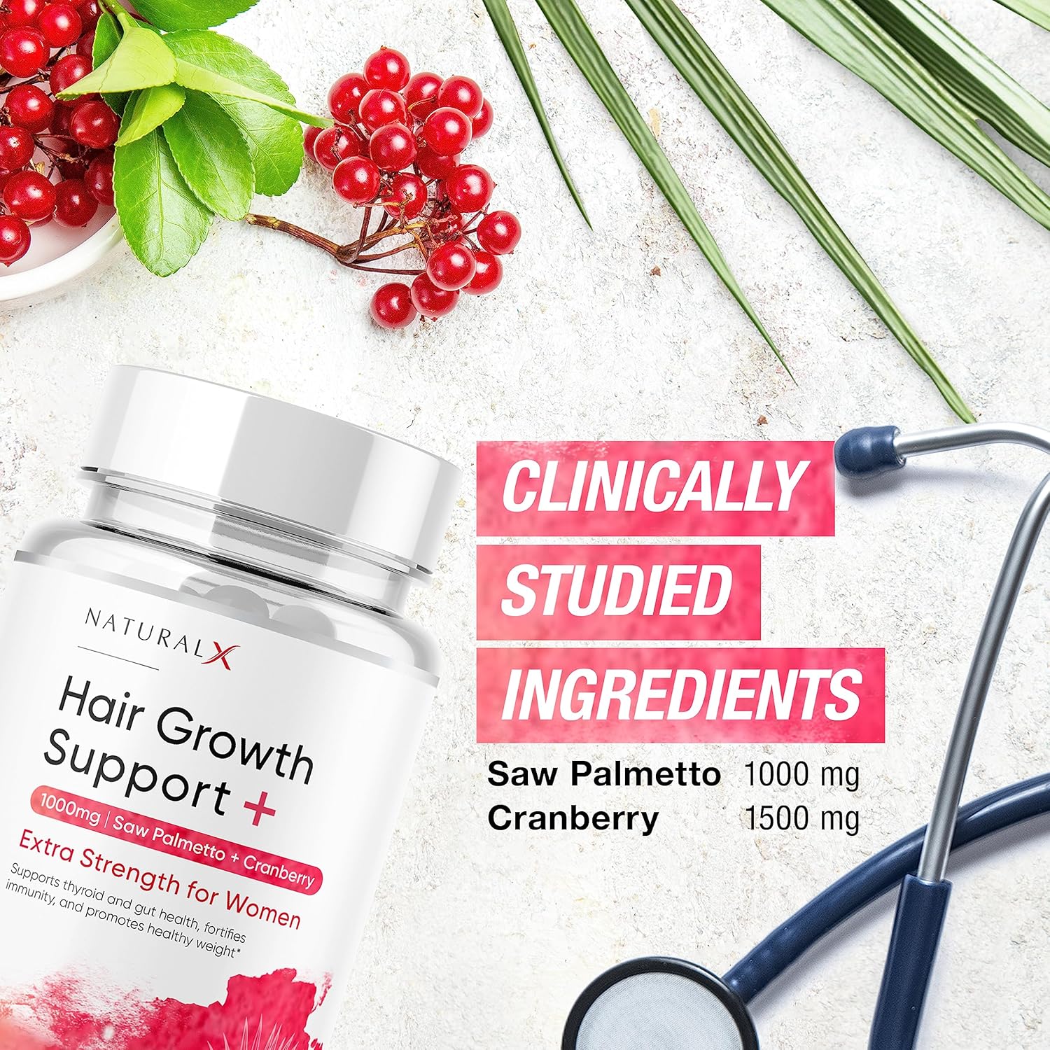 Saw Palmetto and Cranberry Hair Growth Supplement for Women - 1500mg DHT Blocker for Thicker, Fuller Hair - Anti-Hair Loss Support and Regrowth - Hair Vitamins (30-Day Supply)