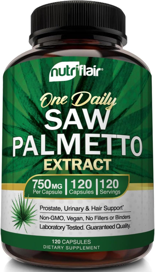 Saw Palmetto Extract 750mg Capsules - Prostate & Hair Loss Support, Natural DHT Blocker for Men and Women, 120 Count