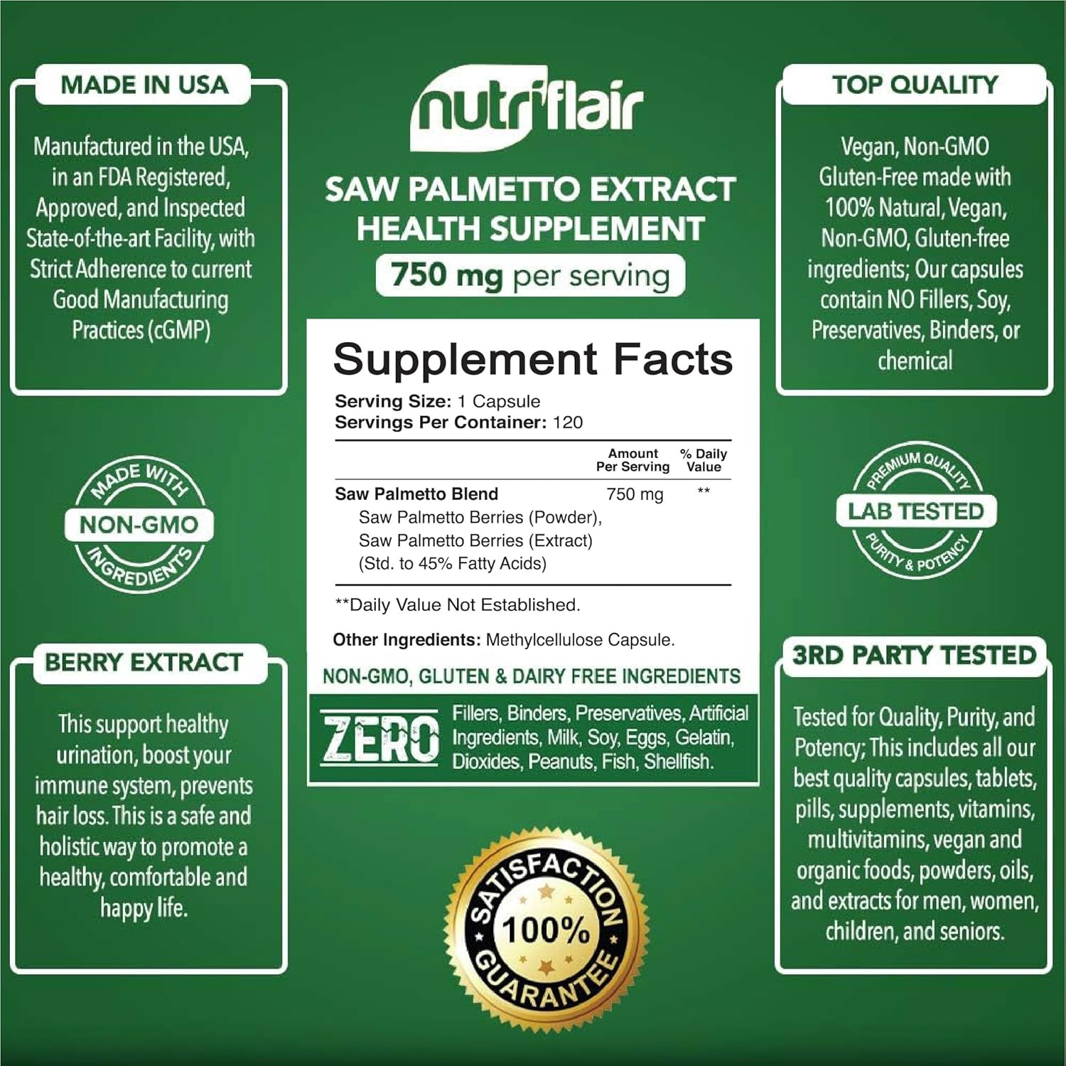 Saw Palmetto Extract 750mg Capsules - Prostate & Hair Loss Support, Natural DHT Blocker for Men and Women, 120 Count