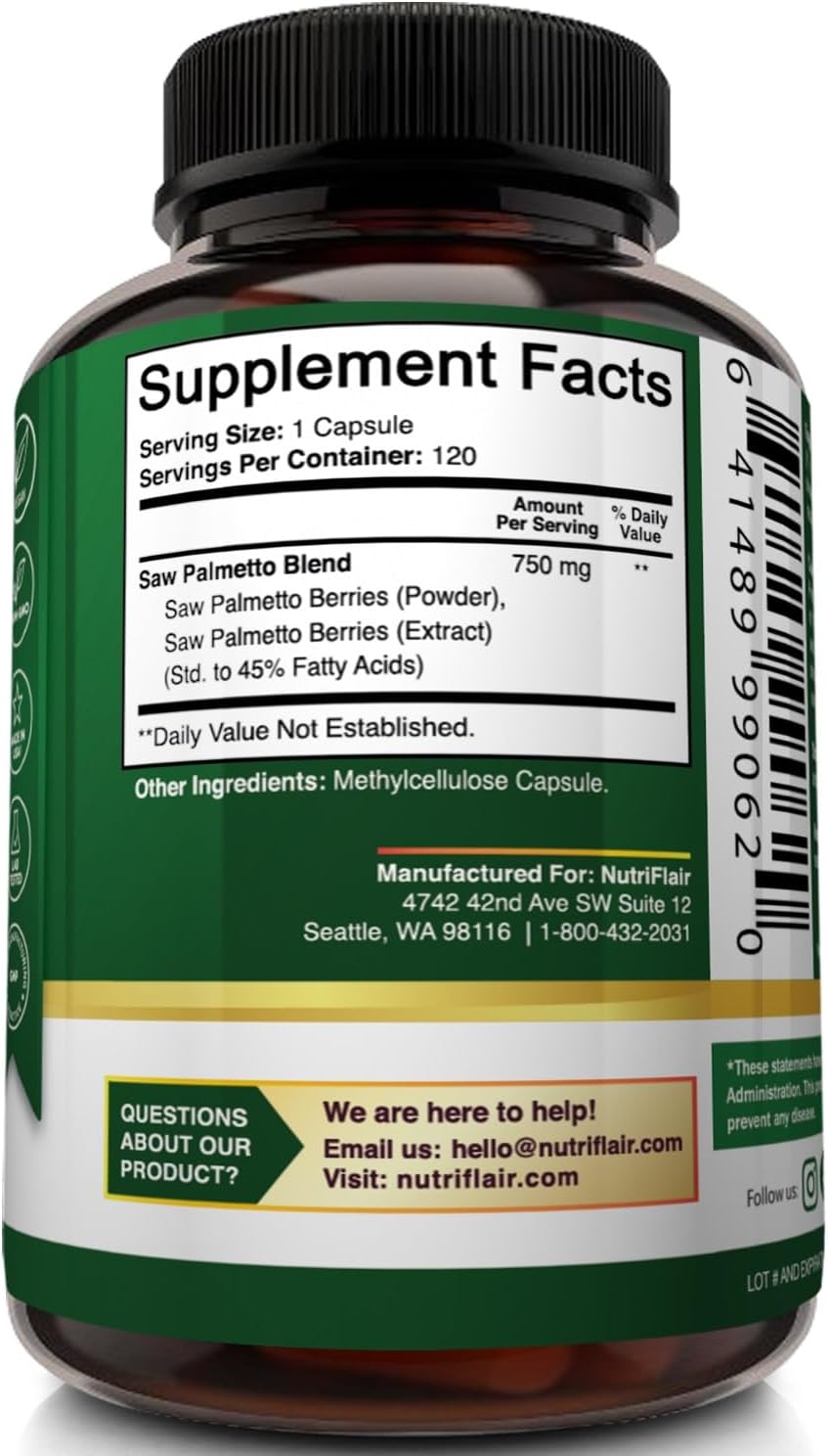 Saw Palmetto Extract 750mg Capsules - Prostate & Hair Loss Support, Natural DHT Blocker for Men and Women, 120 Count