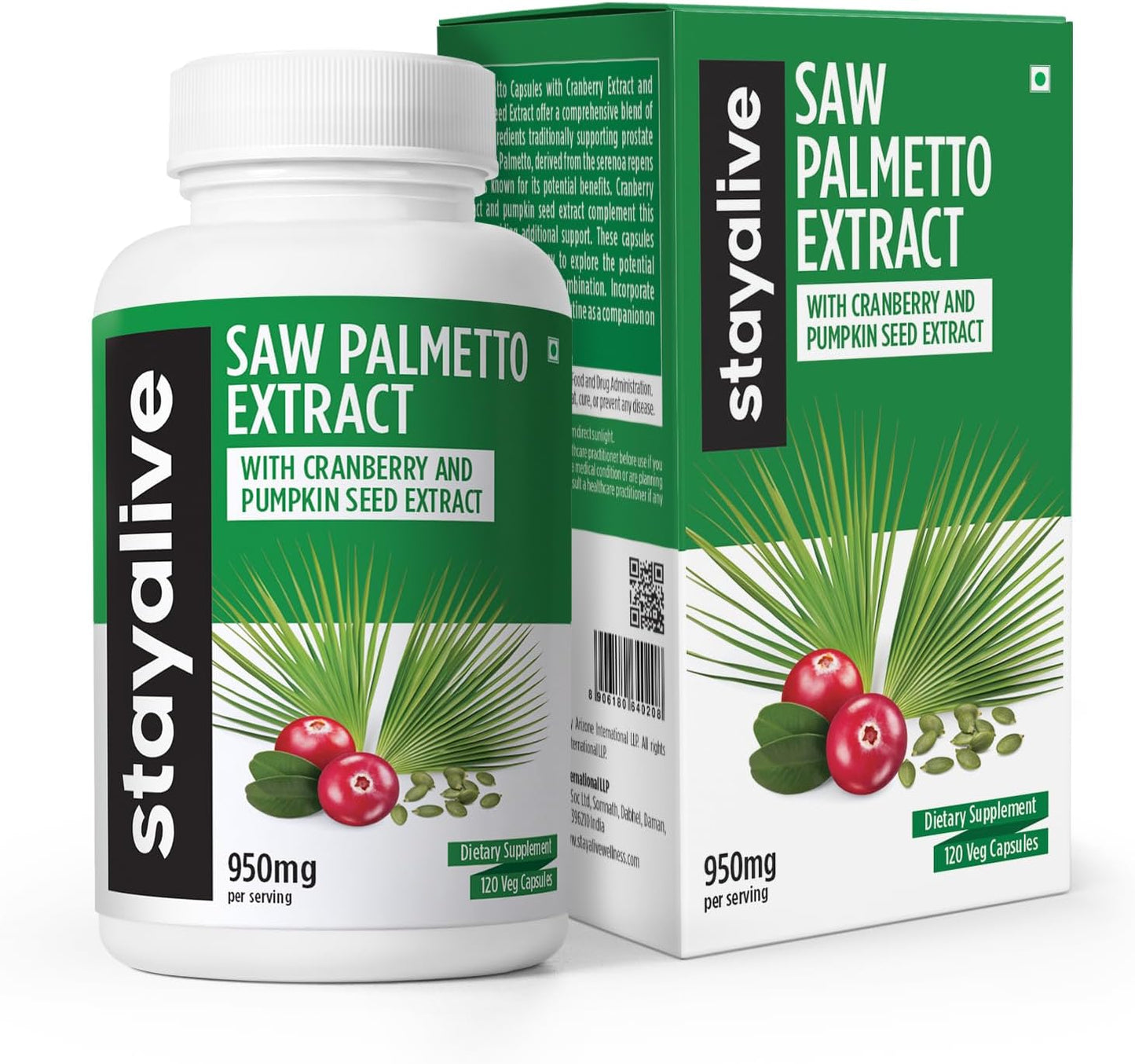 Saw Palmetto Extract Capsules 950mg with Cranberry & Pumpkin Seed - 120 Vegan Pills for Hair, U.T & Prostate - Non-GMO & Gluten Free Supplement for Men and Women