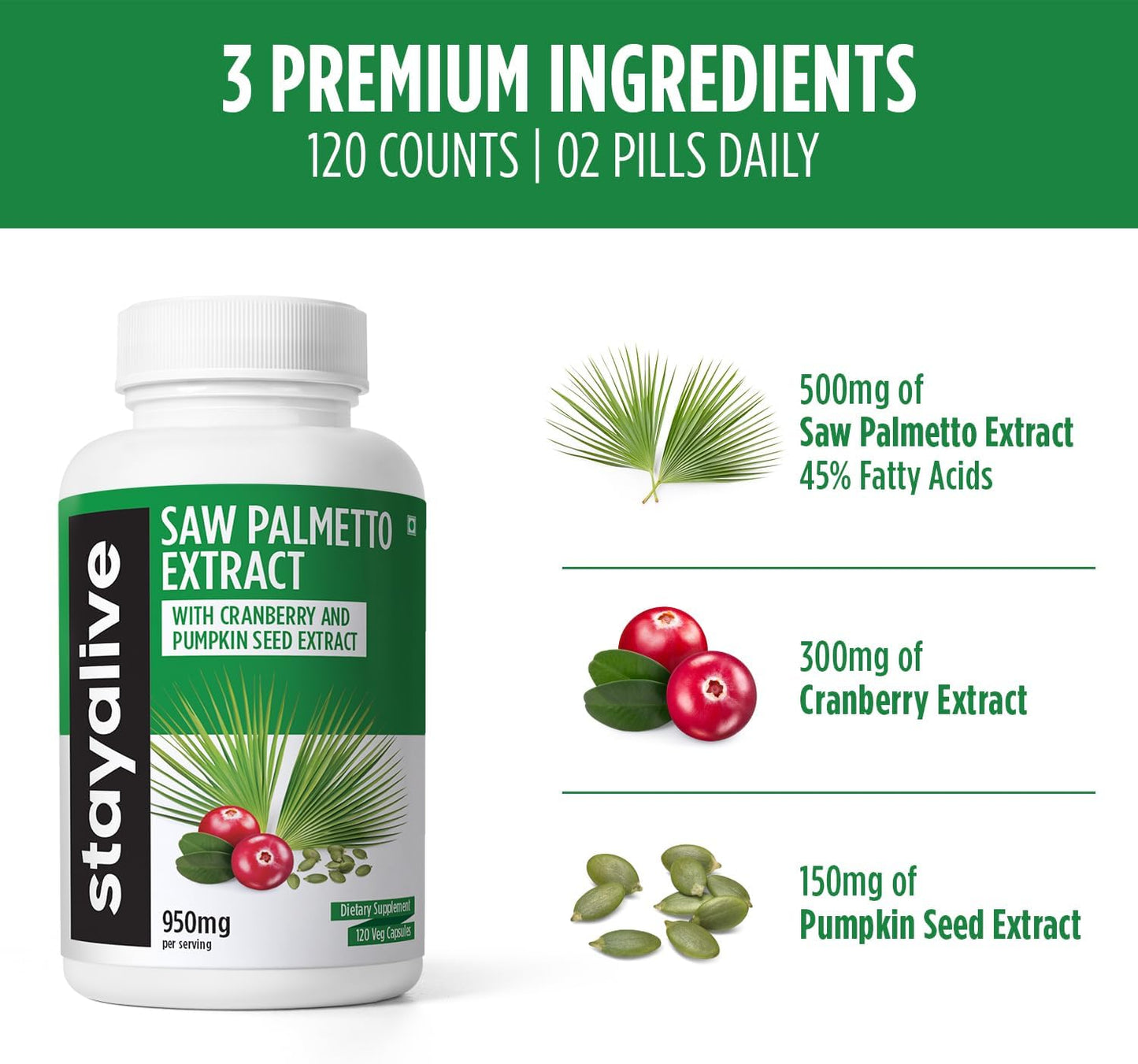 Saw Palmetto Extract Capsules 950mg with Cranberry & Pumpkin Seed - 120 Vegan Pills for Hair, U.T & Prostate - Non-GMO & Gluten Free Supplement for Men and Women