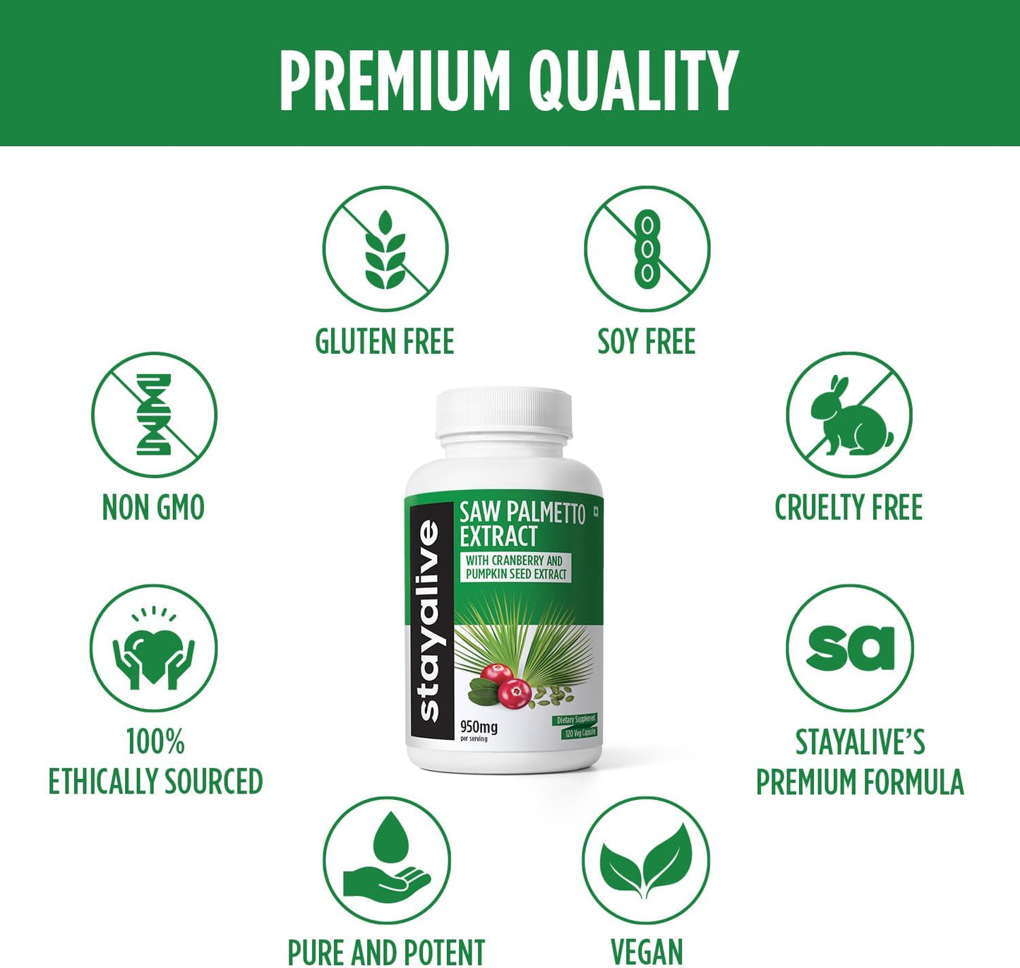 Saw Palmetto Extract Capsules 950mg with Cranberry & Pumpkin Seed - 120 Vegan Pills for Hair, U.T & Prostate - Non-GMO & Gluten Free Supplement for Men and Women