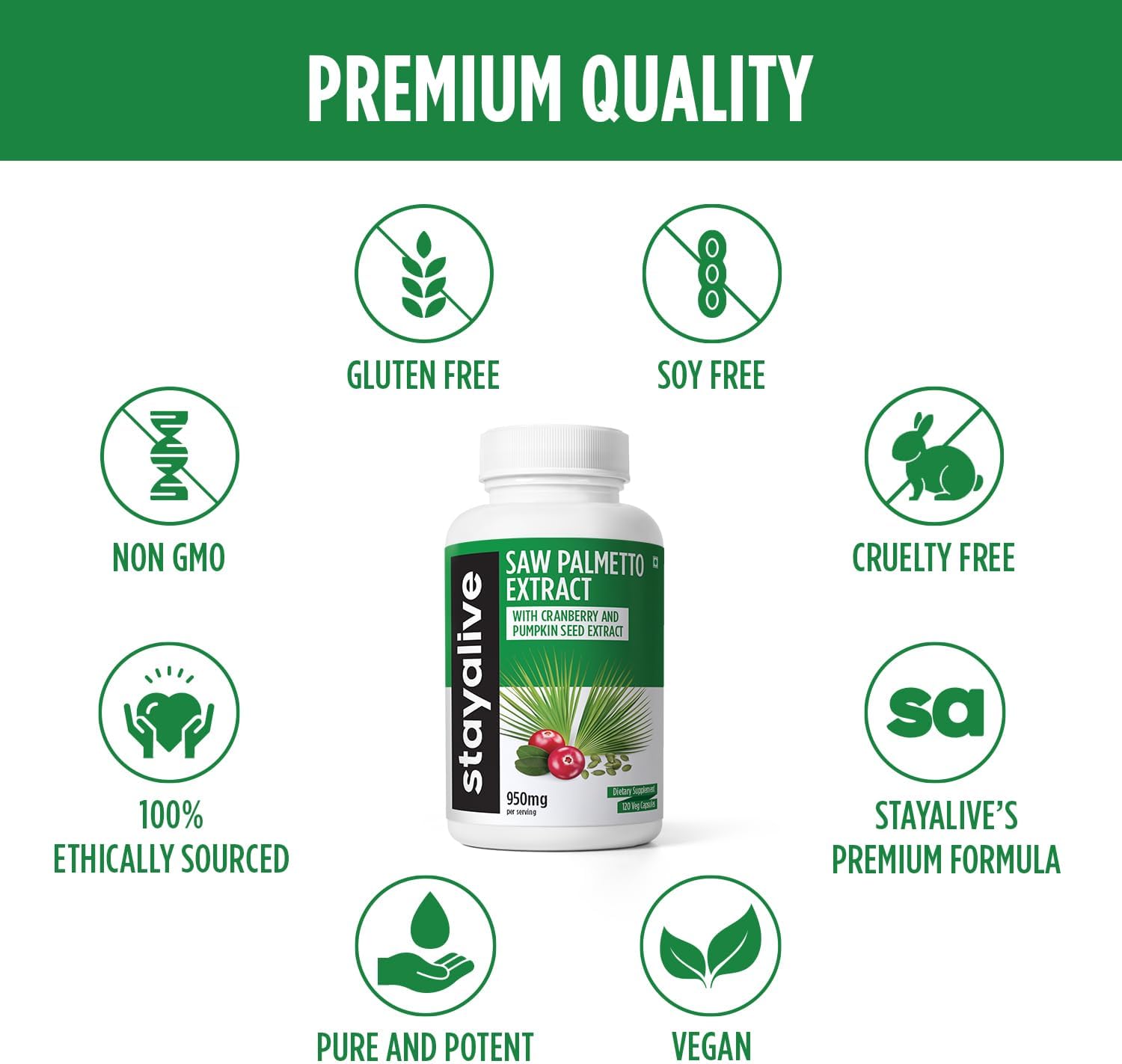 Saw Palmetto Extract Capsules 950mg with Cranberry & Pumpkin Seed - 120 Vegan Pills for Hair, U.T & Prostate - Non-GMO & Gluten Free Supplement for Men and Women