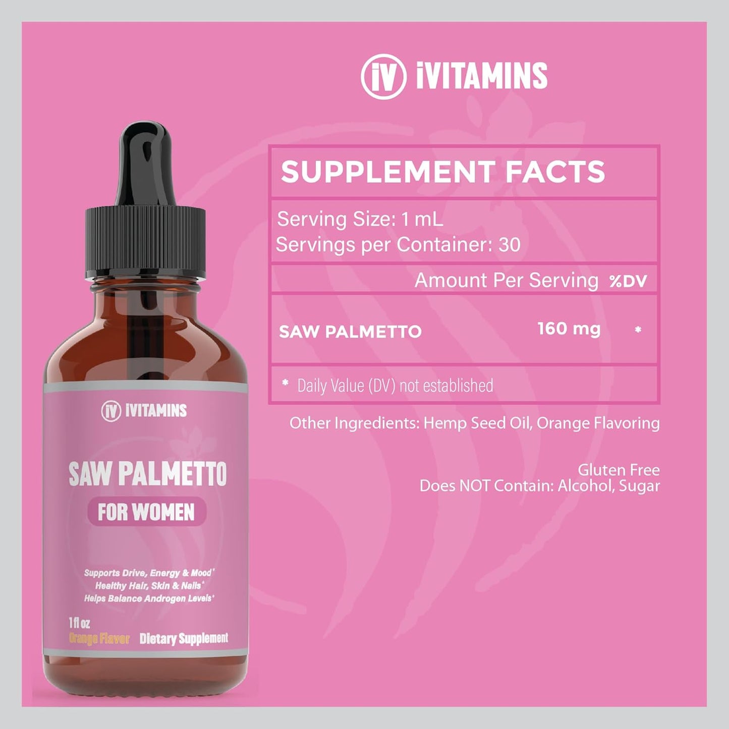 Saw Palmetto for Women - Hair Loss Reducer, DHT Blocker, Supports Healthy Hair, Skin, Nails, Energy, Mood - 1 fl oz