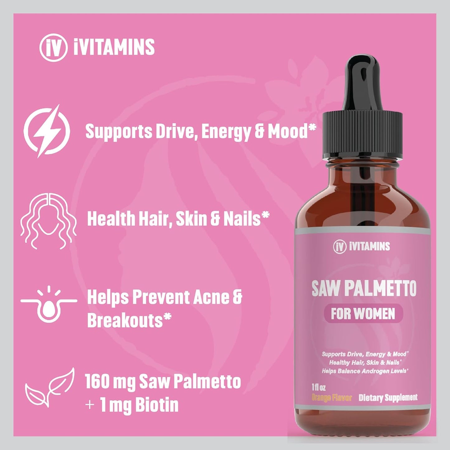 Saw Palmetto for Women - Hair Loss Reducer, DHT Blocker, Supports Healthy Hair, Skin, Nails, Energy, Mood - 1 fl oz