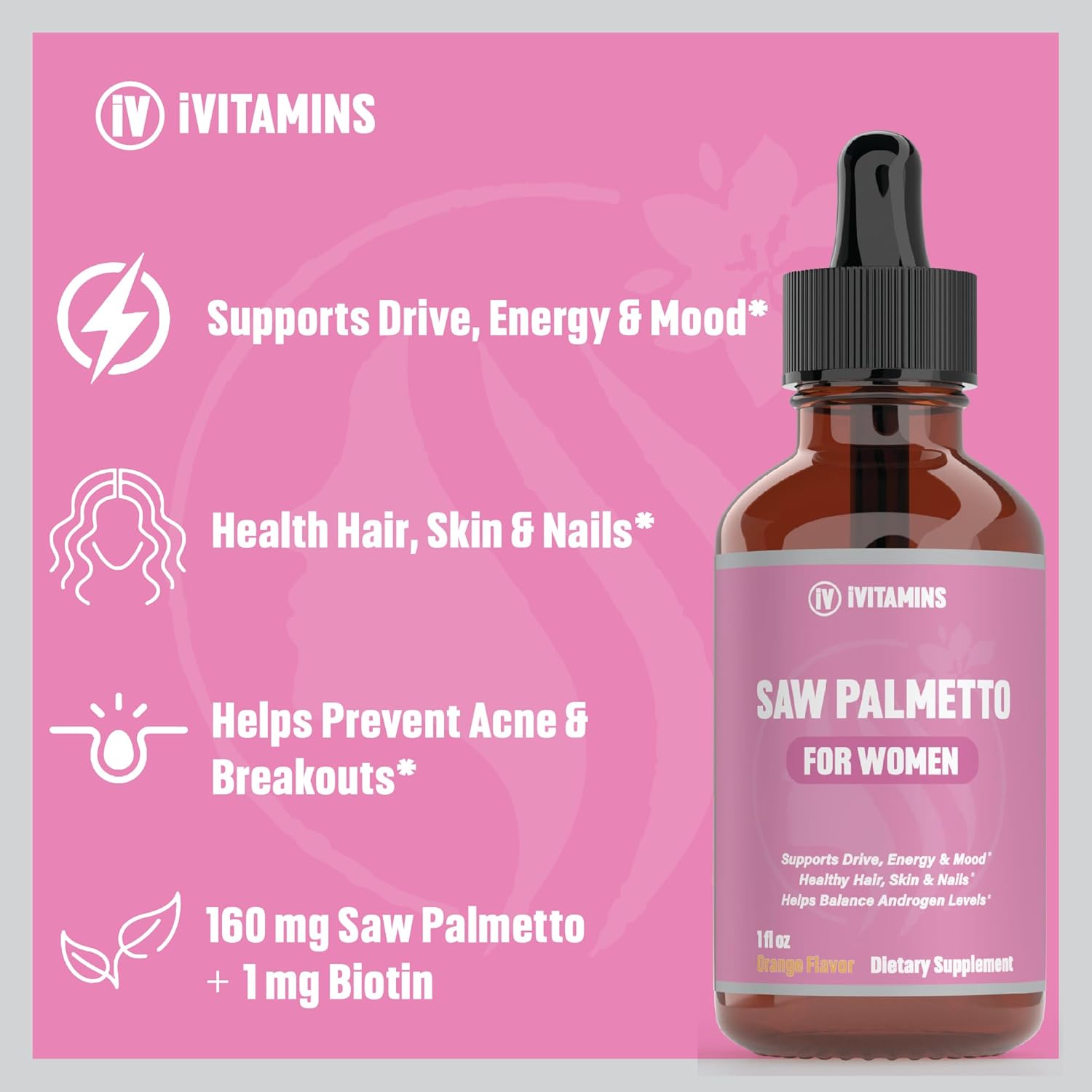 Saw Palmetto for Women - Hair Loss Reducer, DHT Blocker, Supports Healthy Hair, Skin, Nails, Energy, Mood - 1 fl oz