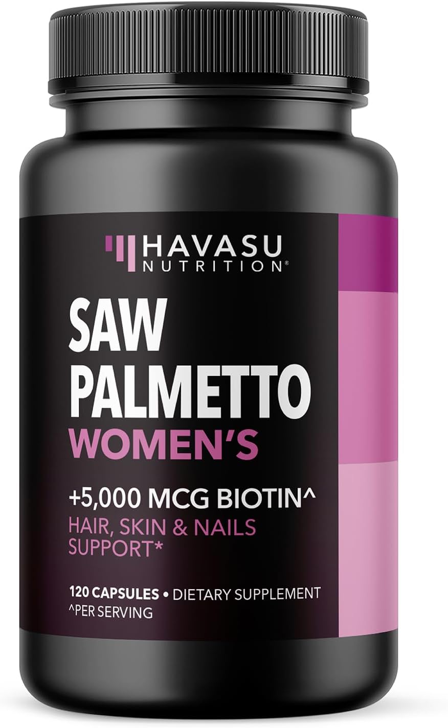 Saw Palmetto for Women with Biotin 5000mcg - DHT Blocker for Hair, Skin, Nail Health - Vegan, Non-GMO - 120 Count - 2 Month Supply
