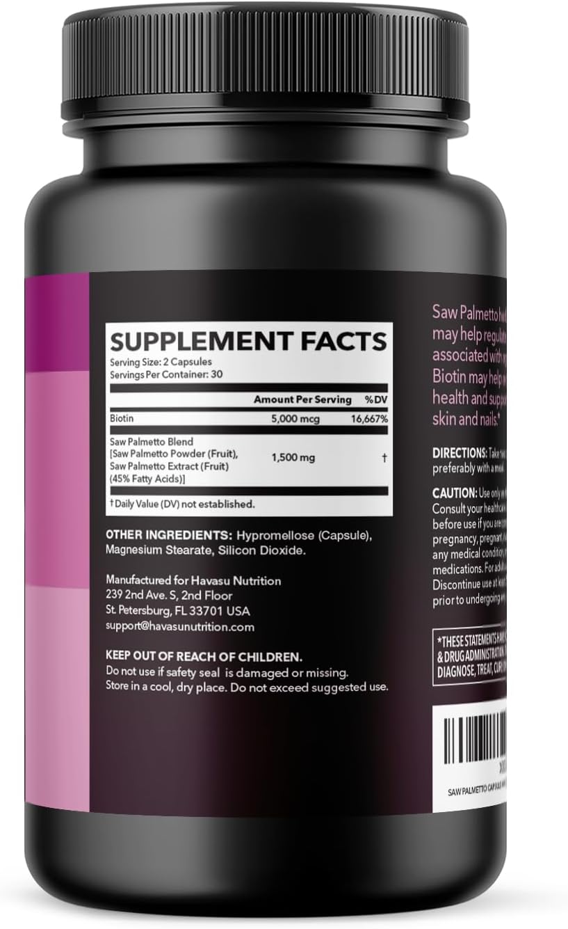 Saw Palmetto for Women with Biotin 5000mcg - DHT Blocker for Hair, Skin, Nail Health - Vegan, Non-GMO - 120 Count - 2 Month Supply
