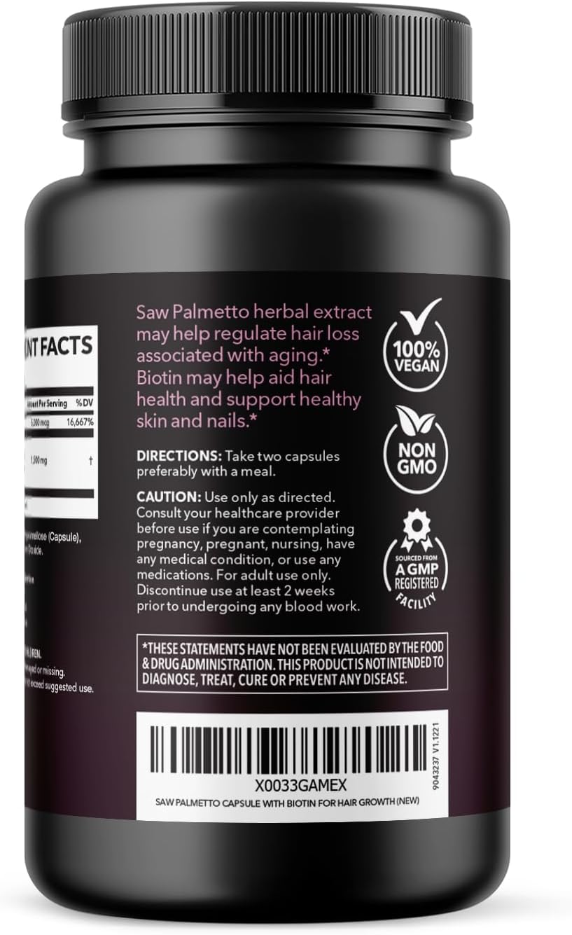 Saw Palmetto for Women with Biotin 5000mcg - DHT Blocker for Hair, Skin, Nail Health - Vegan, Non-GMO - 120 Count - 2 Month Supply