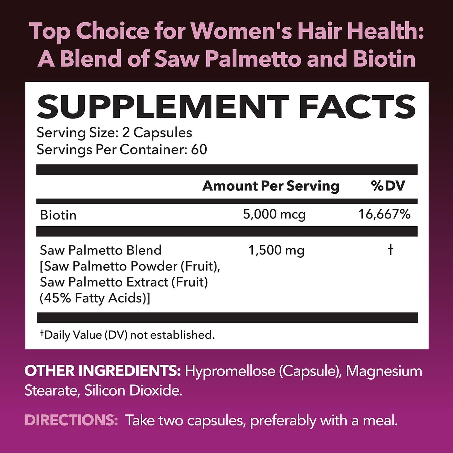 Saw Palmetto for Women with Biotin 5000mcg - DHT Blocker for Hair, Skin, Nail Health - Vegan, Non-GMO - 120 Count - 2 Month Supply