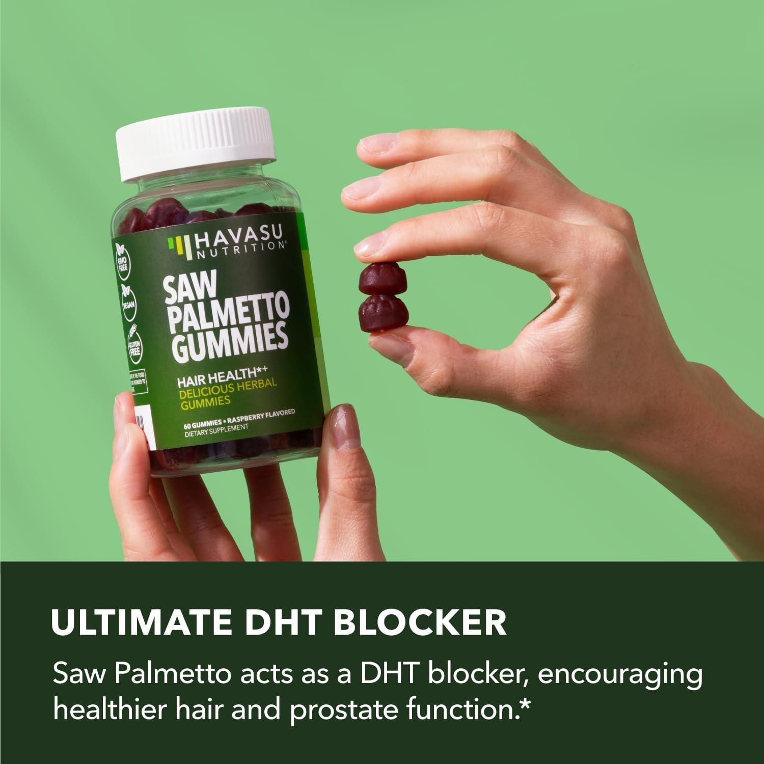 Saw Palmetto Gummies for Men - DHT Blocker for Hair & Scalp Health - 60 Count - Raspberry Flavor - Vegan & Non-GMO - 1 Month Supply