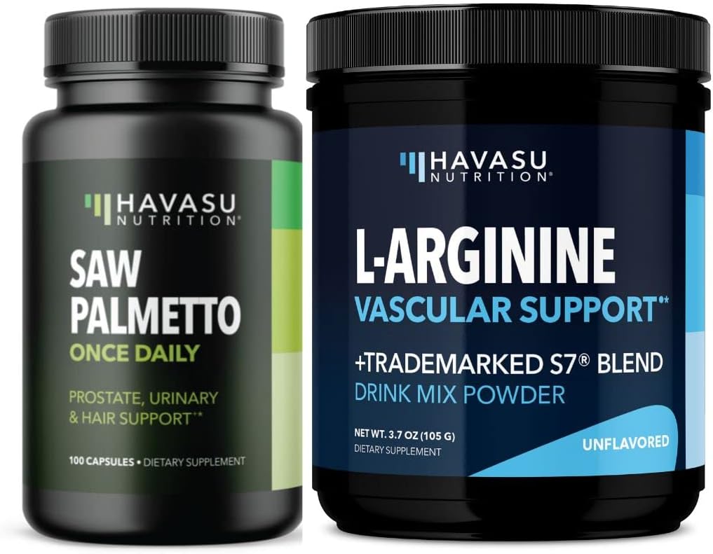 Saw Palmetto Herbal Supplement & L-Arginine Workout Powder for Men - Muscle Recovery - Pre & Post Workout - 100 Capsules & Drink Mix Powder
