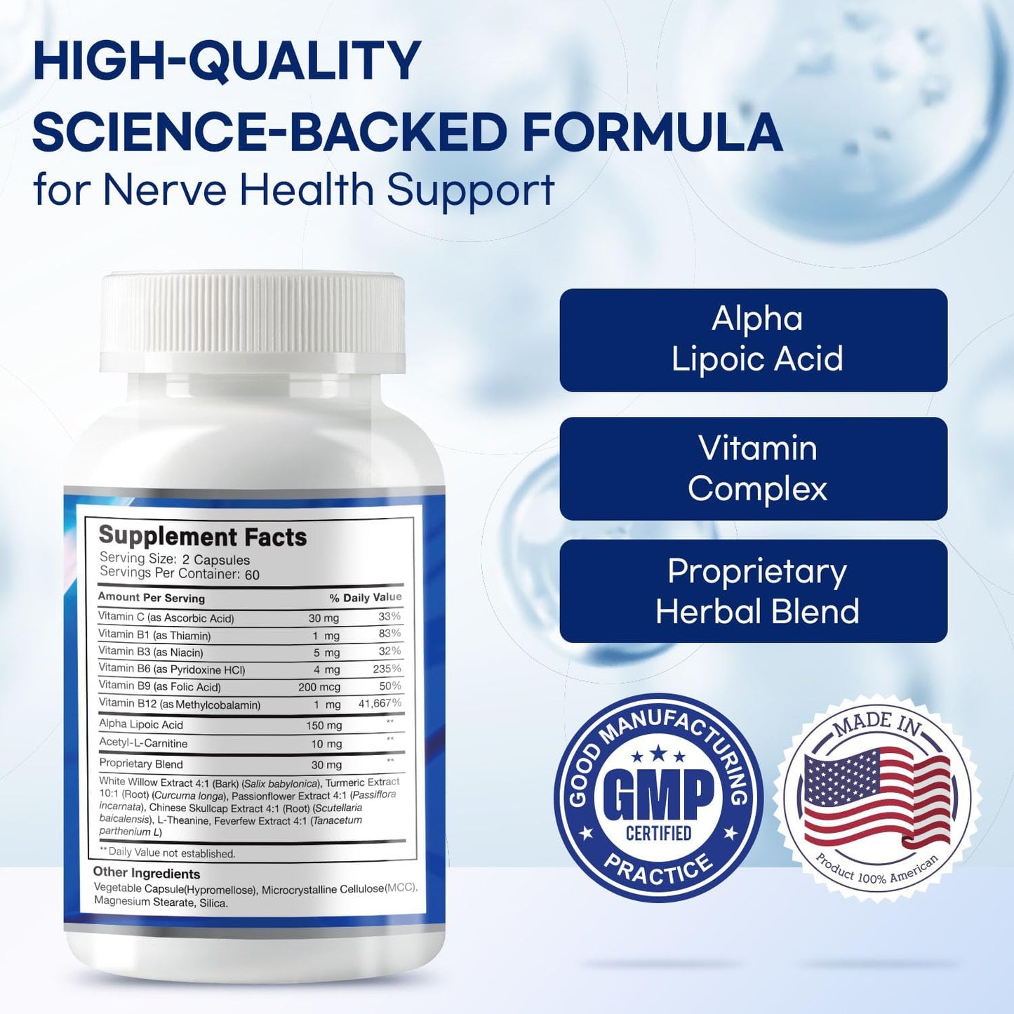 Sciatic Nerve Relief Supplement with Alpha Lipoic Acid & Vitamin Complex, 60 Capsules, Made in USA for Nerve Discomfort