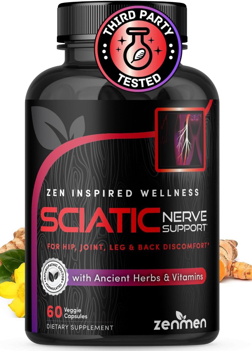 Sciatic Nerve Support Capsules - Natural Herbs & Vitamins for Lower Back, Joint, & Leg Relief - 60 Vegan Capsules, Made in USA