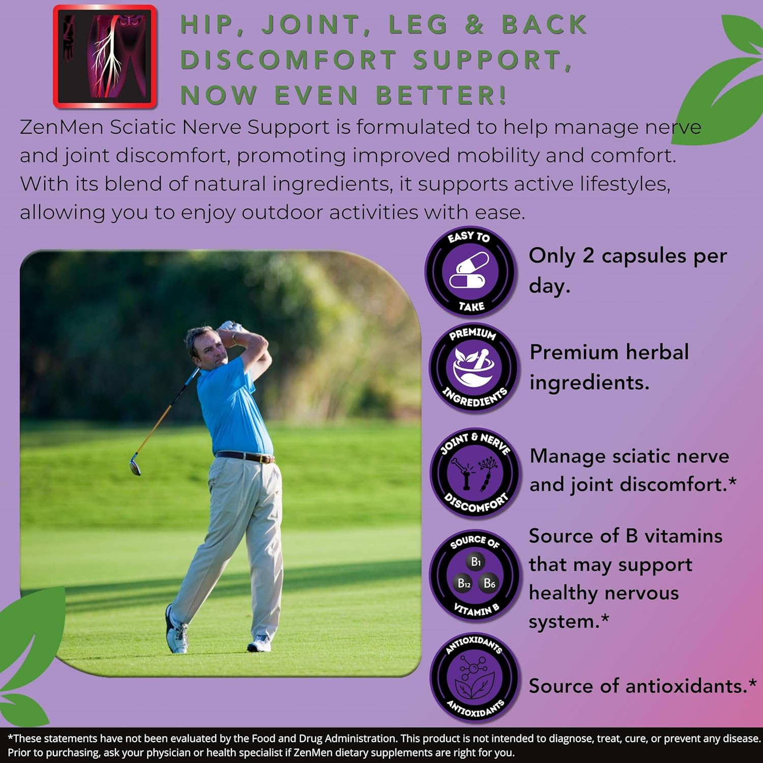 Sciatic Nerve Support Capsules - Natural Herbs & Vitamins for Lower Back, Joint, & Leg Relief - 60 Vegan Capsules, Made in USA