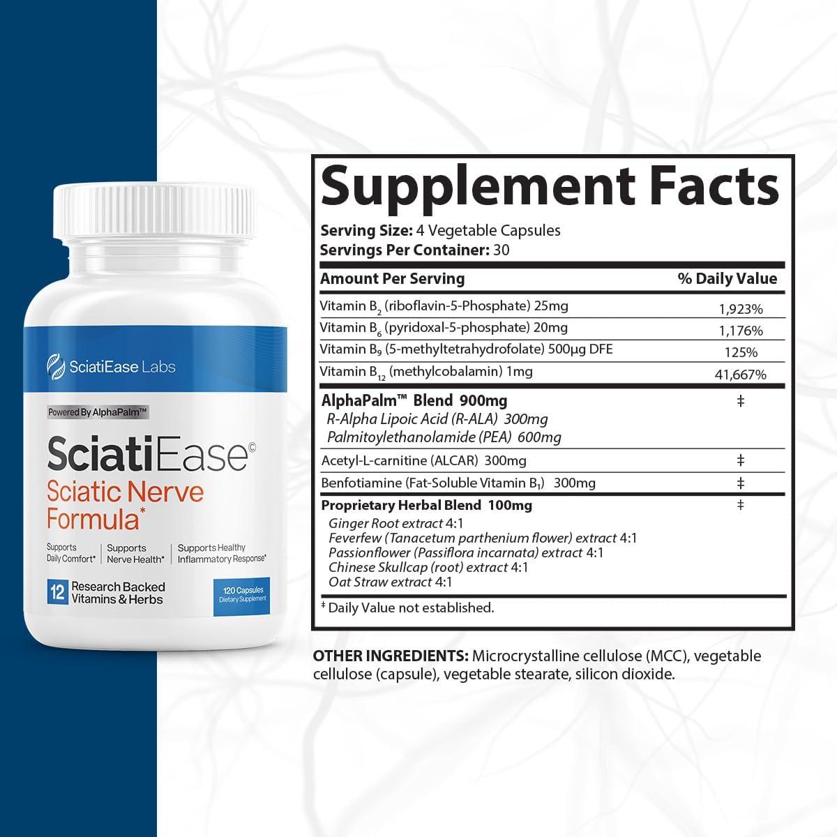 SciatiEase Sciatic Nerve Health Support Supplement - Nerve Support Formula with AlphaPalm, Pea, Vitamin B Complex, Alpha Lipoic Acid - 120 Capsules