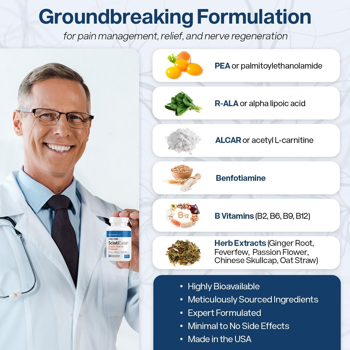 SciatiEase Sciatic Nerve Health Support Supplement - Nerve Support Formula with AlphaPalm, Pea, Vitamin B Complex, Alpha Lipoic Acid - 120 Capsules