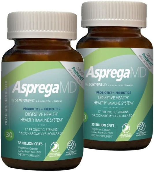 Scimera Bioscience Asprega 30CT Probiotic Prebiotic Supplement 2-Pack 17 Strains 35 Billion CFUs Delayed Release for Men Women ScimeraMD
