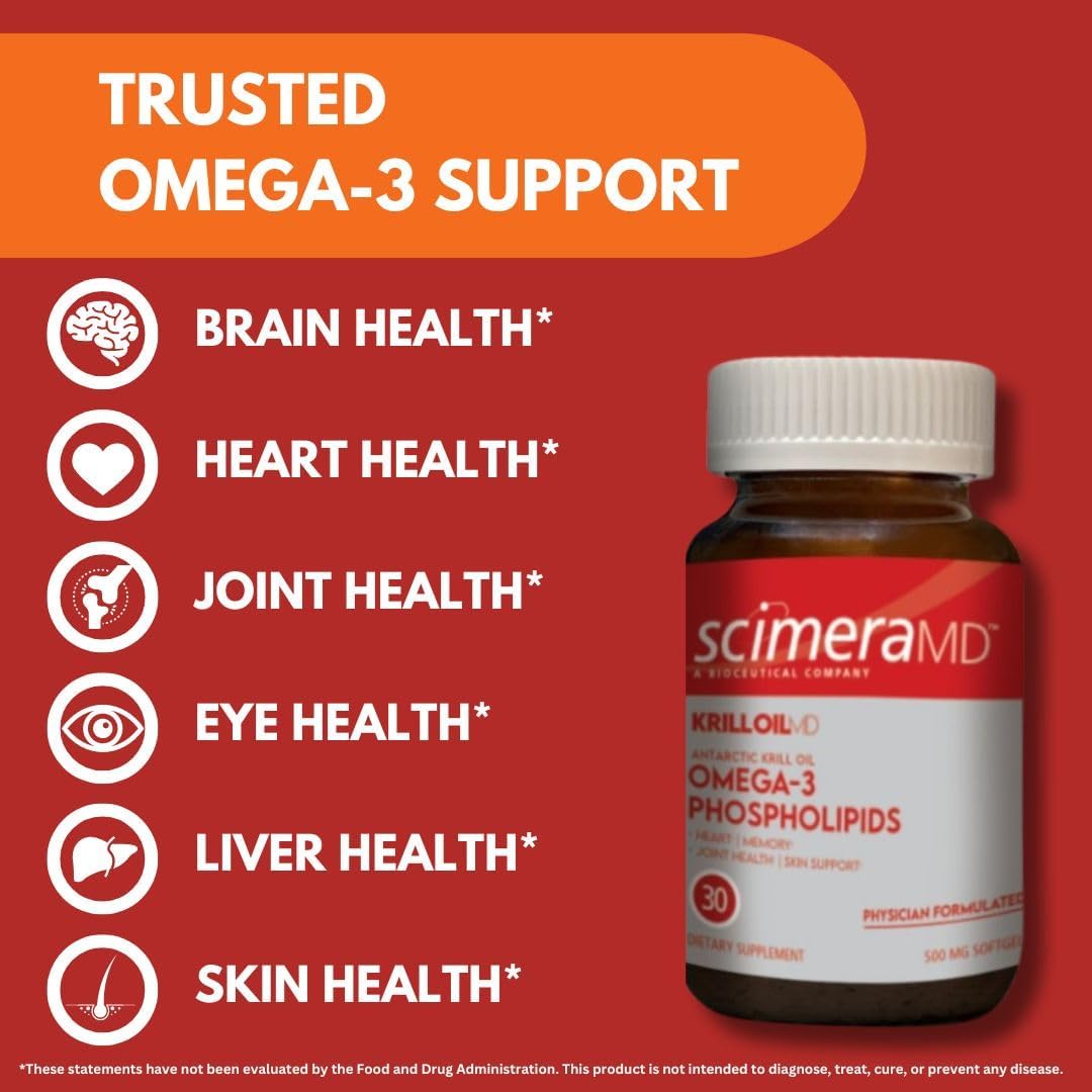 Scimera Bioscience KrillOilMD Antarctic Krill Oil Omega 3 DHA EPA Supplement with Astaxanthin - Heart, Brain, Joint Support - 30 CT