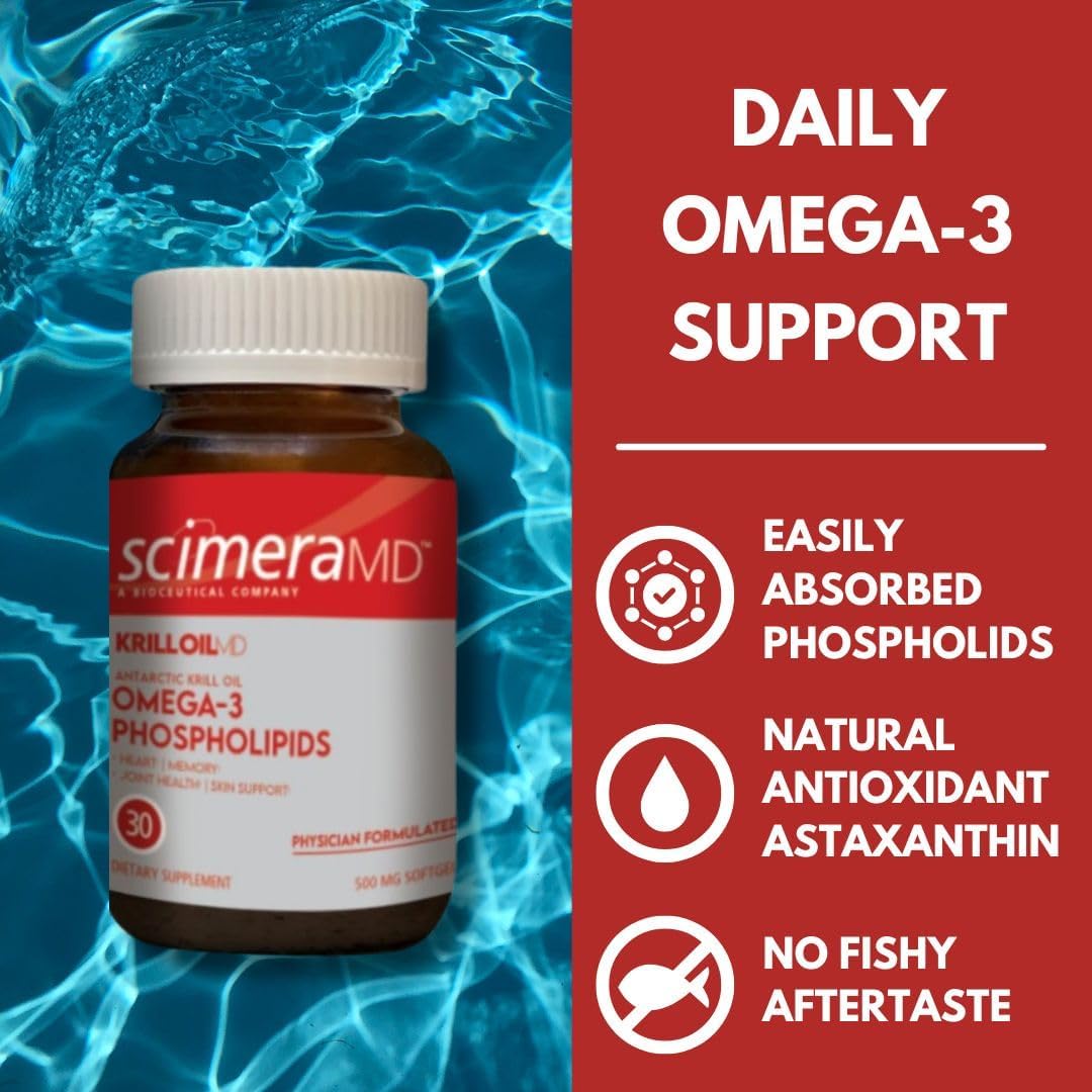 Scimera Bioscience KrillOilMD Antarctic Krill Oil Omega 3 DHA EPA Supplement with Astaxanthin - Heart, Brain, Joint Support - 30 CT