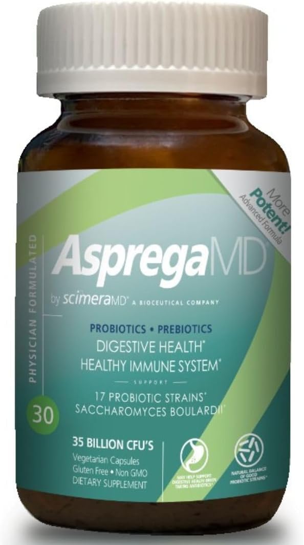 Scimera Bioscience ScimeraMD® Asprega Probiotic + Prebiotic Supplement - 35 Billion CFUs for Digestive Health and Immune Support - 30 CT