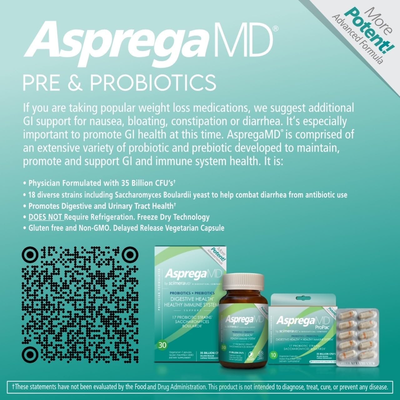Scimera Bioscience ScimeraMD® Asprega Probiotic + Prebiotic Supplement - 35 Billion CFUs for Digestive Health and Immune Support - 30 CT
