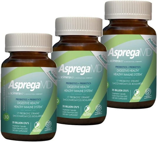 ScimeraMD Asprega 30CT Probiotic + Prebiotic Supplement 3-Pack - 17 Strains, 35 Billion CFUs, Delayed Release, Saccharomyces Boulardii - Men & Women