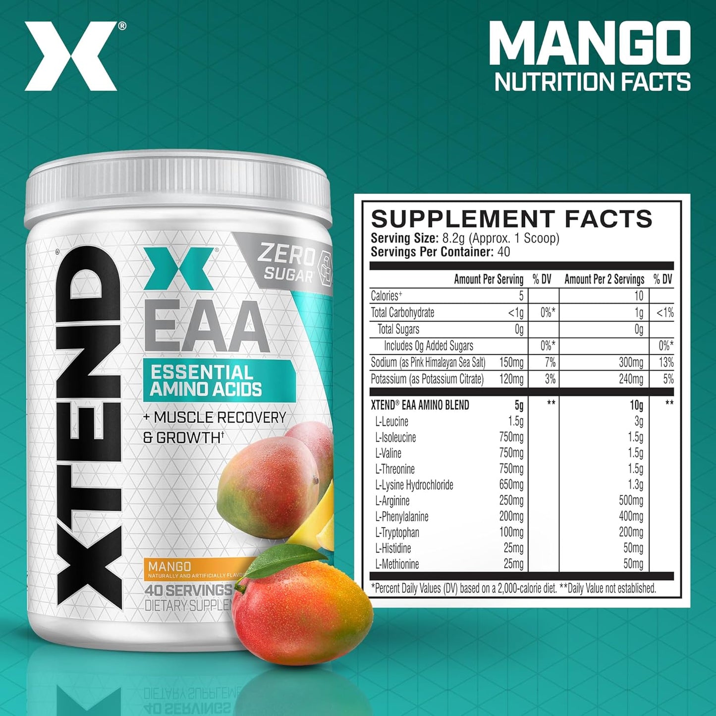 Scivation XTEND EAA + BCAA Powder for Muscle Recovery & Growth, Mango Flavor - 40 Servings