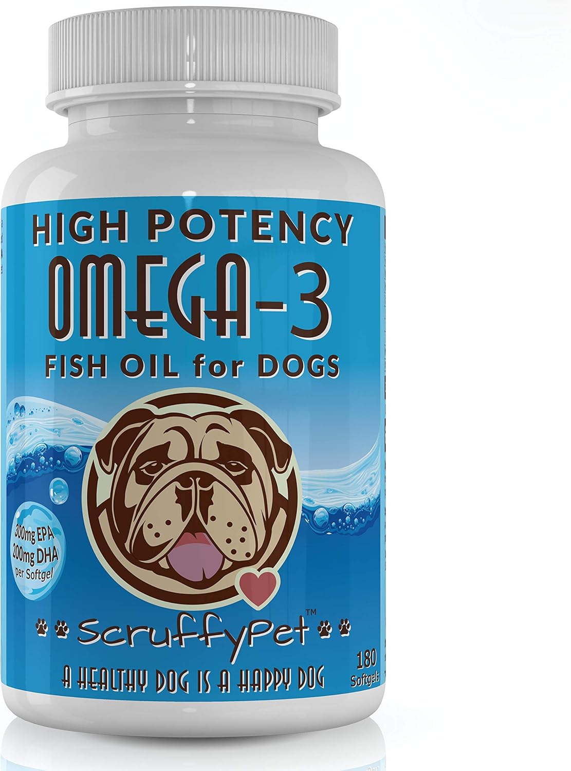 ScruffyPet Omega-3 Fish Oil Softgels for Dogs with Vitamin E - Highest EPA & DHA Content, 1000mg, 180ct
